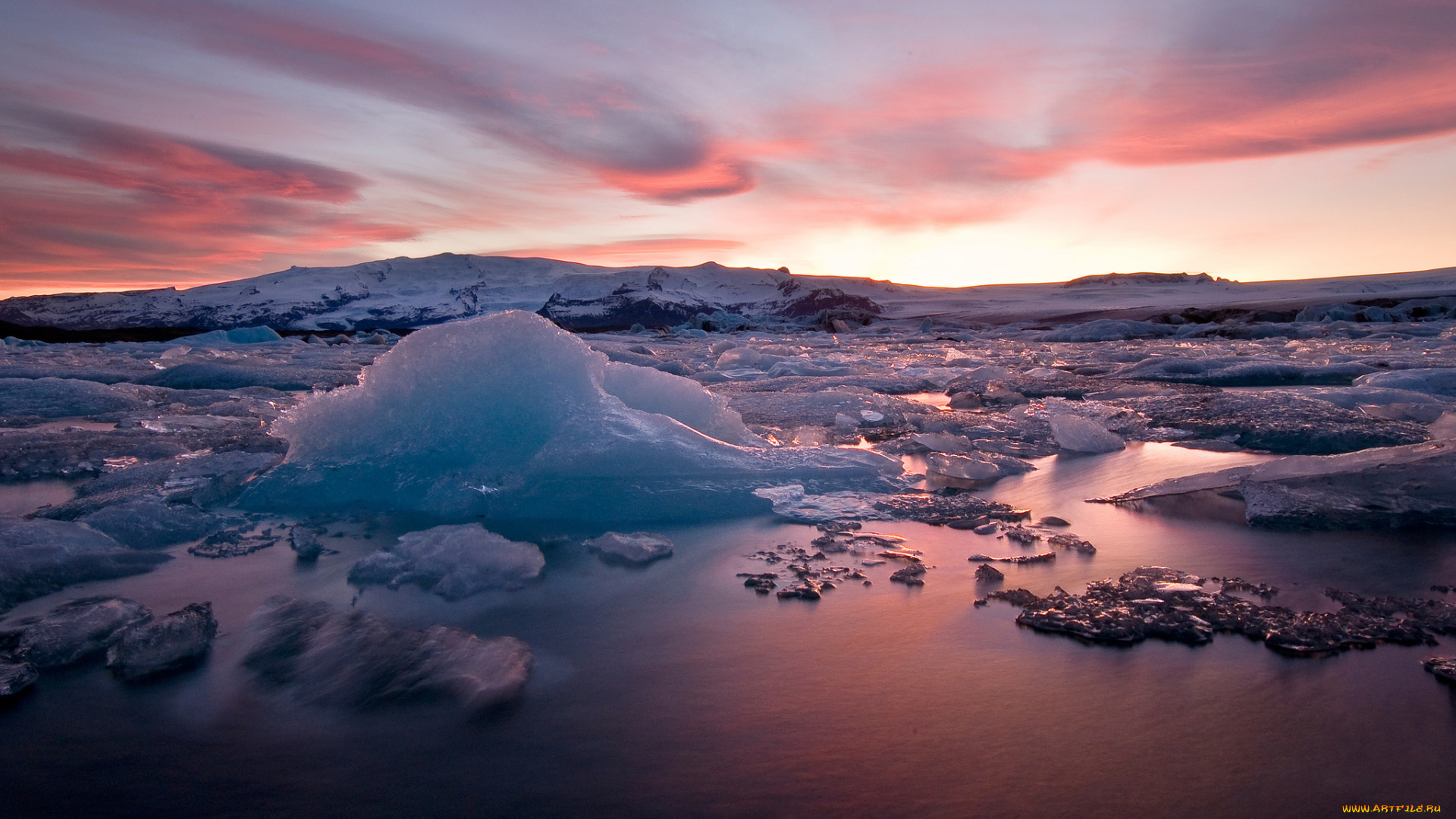 природа, айсберги, и, ледники, закат, исландия, лед, снег, вечер