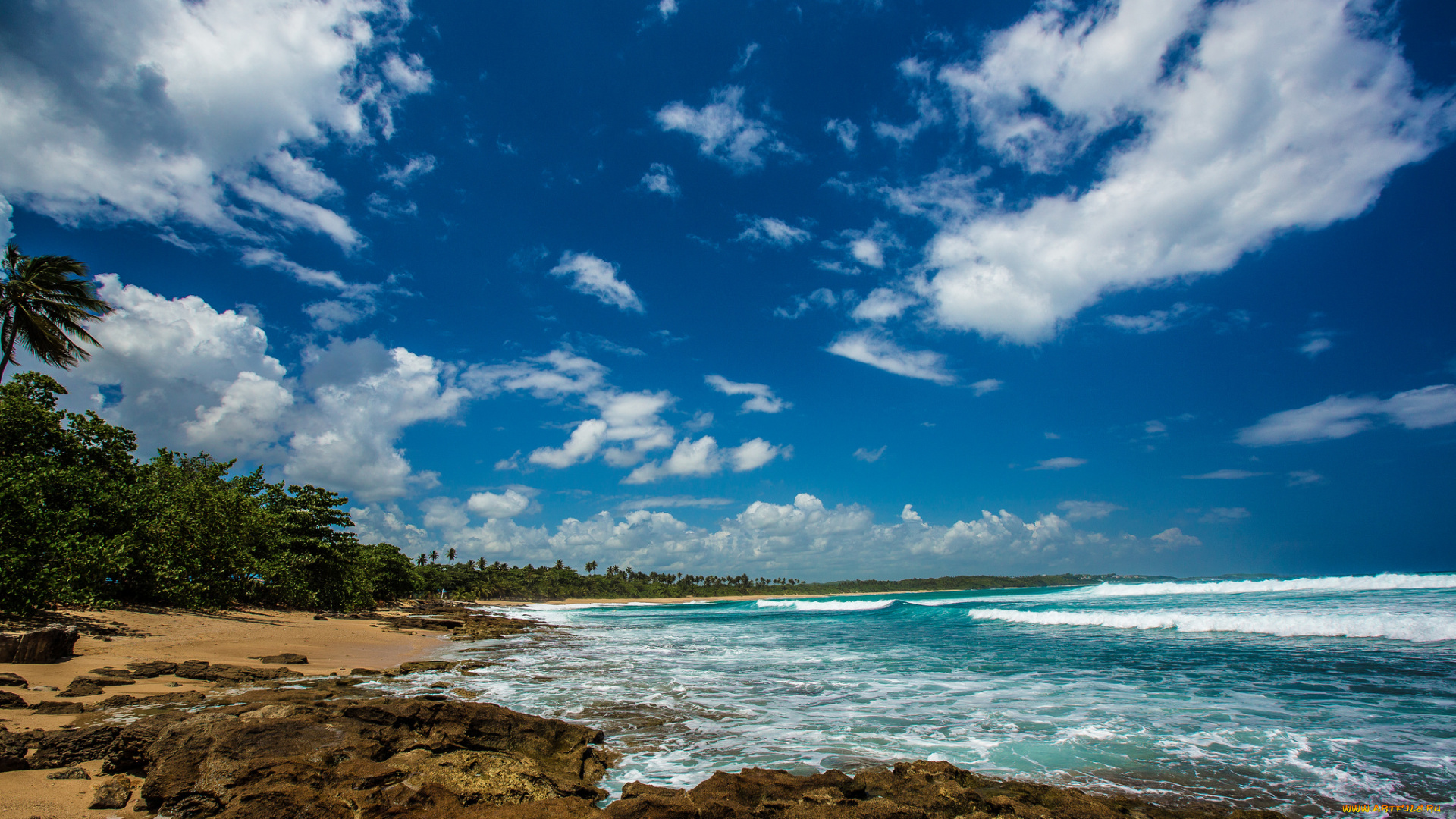 природа, побережье, облака, волны, пляж, горизонт, океан