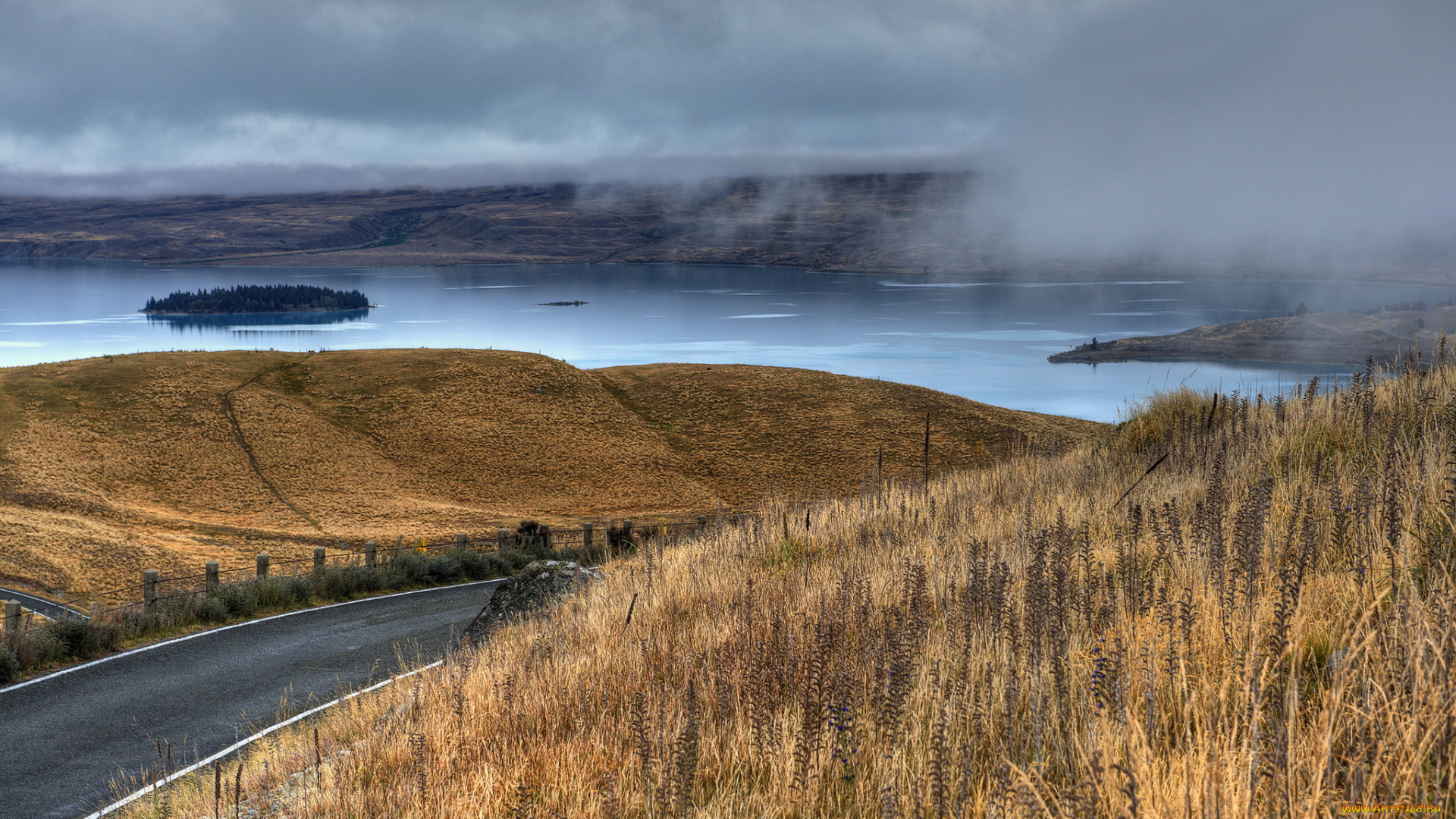 природа, реки, озера, остров, озеро, дорога, туман