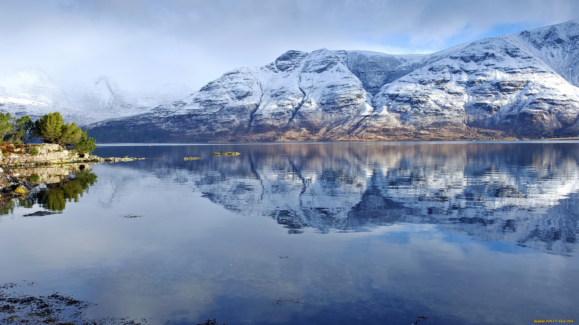 природа, реки, озера, отражение, вечер, озеро, снег, горы