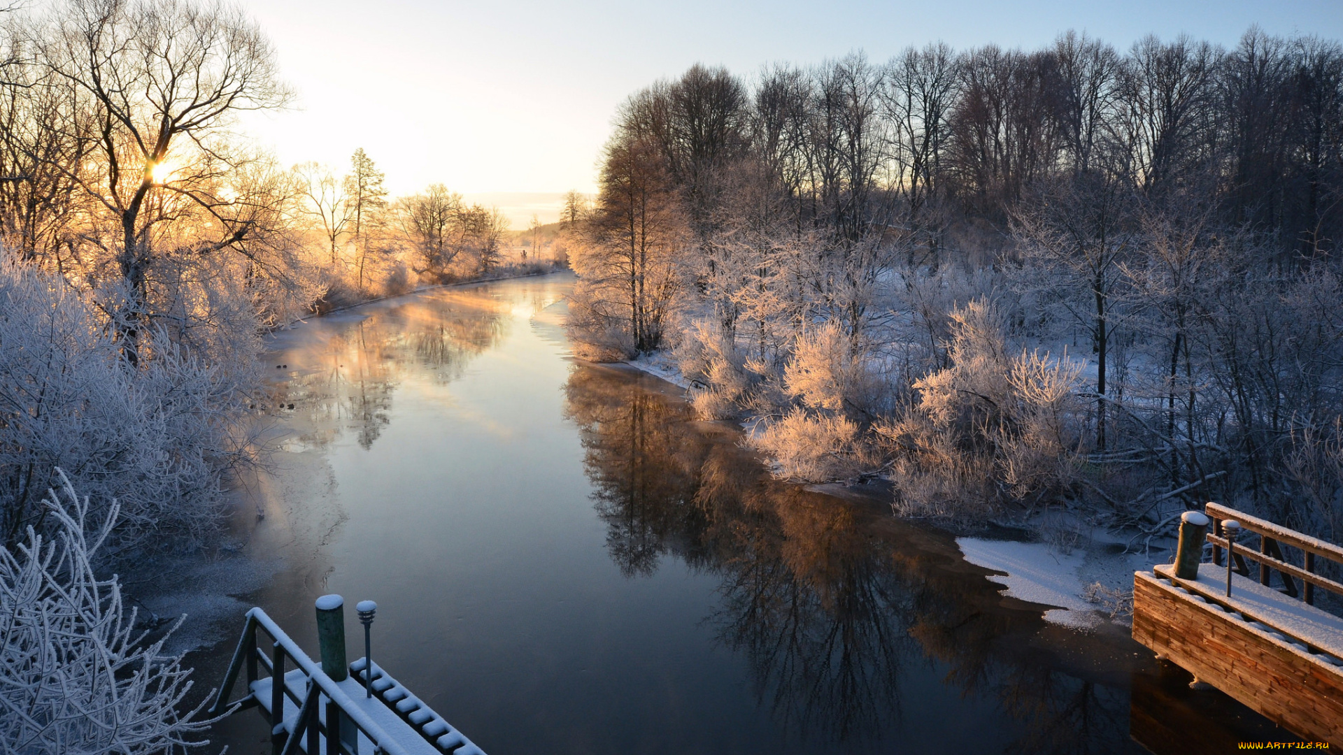 природа, реки, озера, утро, зима, река, швеция
