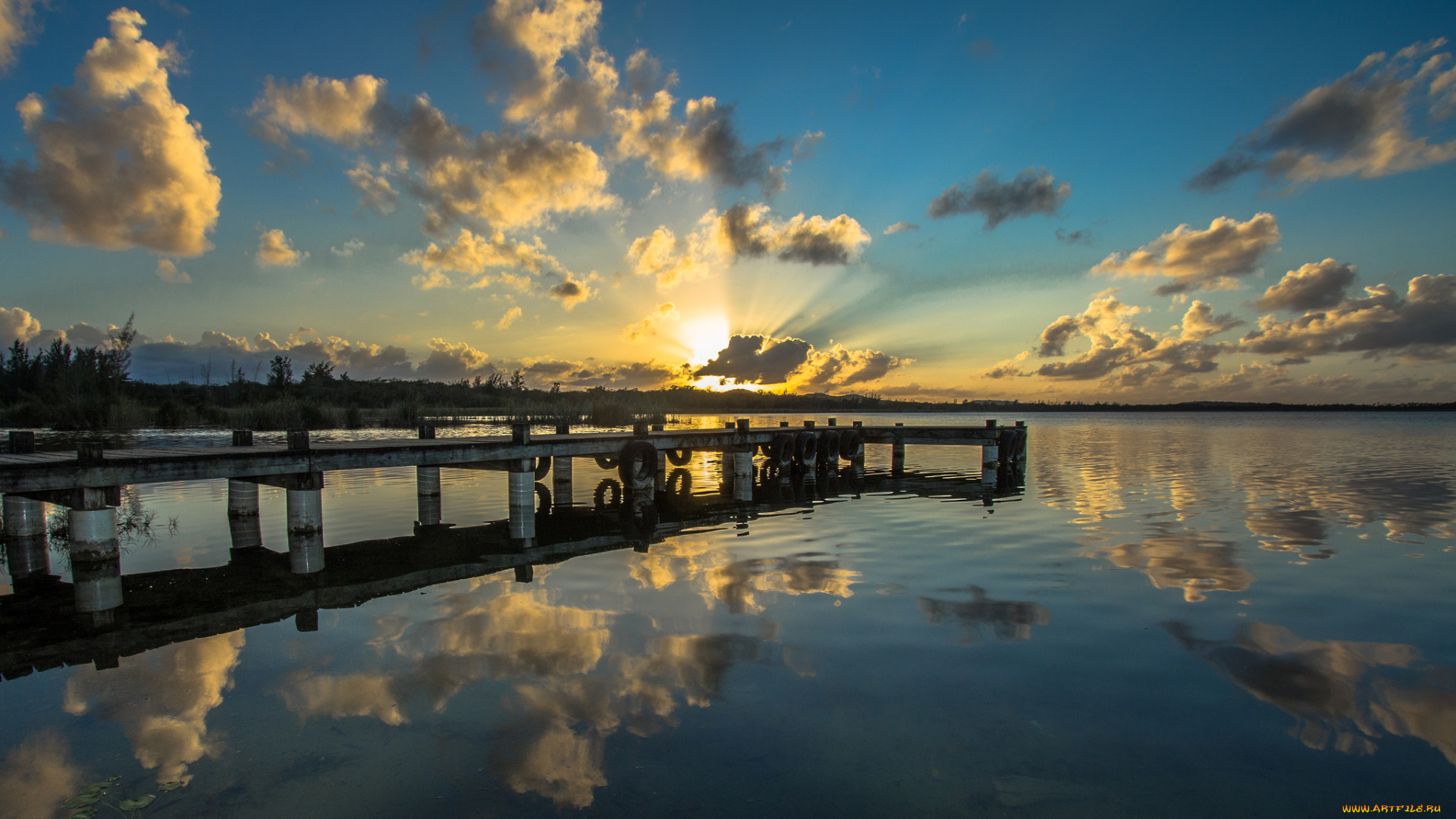 природа, восходы, закаты, озеро, мостик, облака, солнце