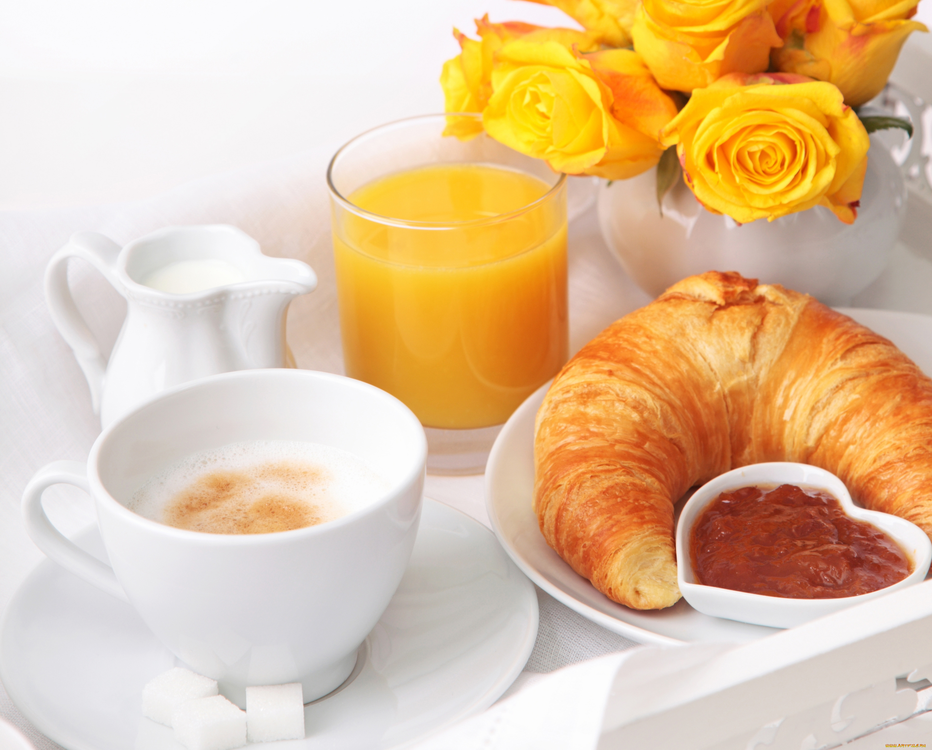 еда, разное, сок, джем, розы, кофе, круассан