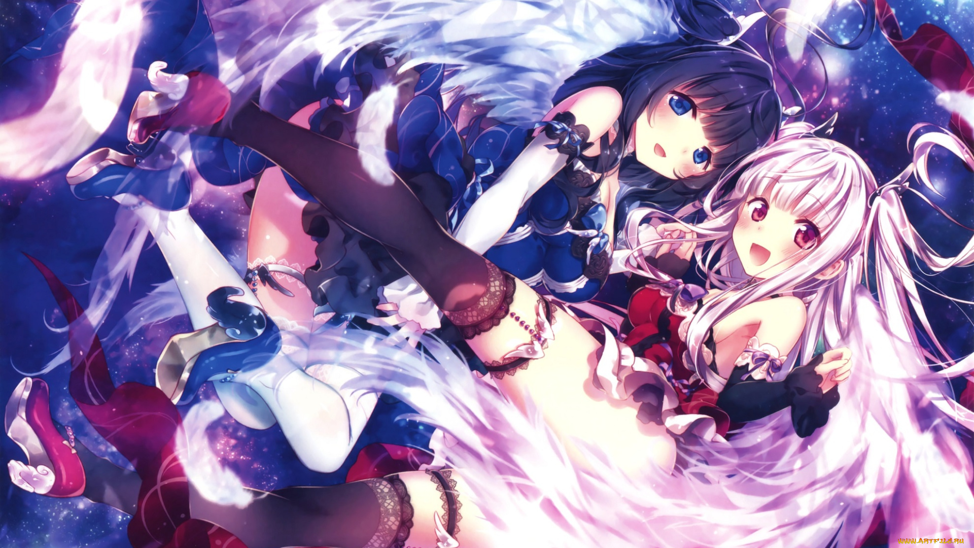 аниме, ангелы, , демоны, платье, крылья, девушки, арт, riichu