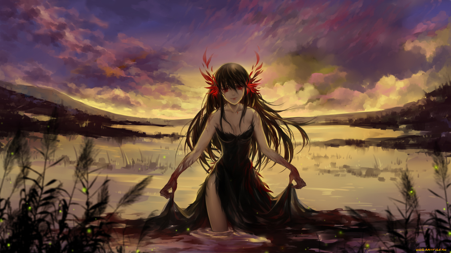 аниме, ангелы, , демоны, вечер, небо, female, huazha01, озеро, девушка, single, арт, закат, облака