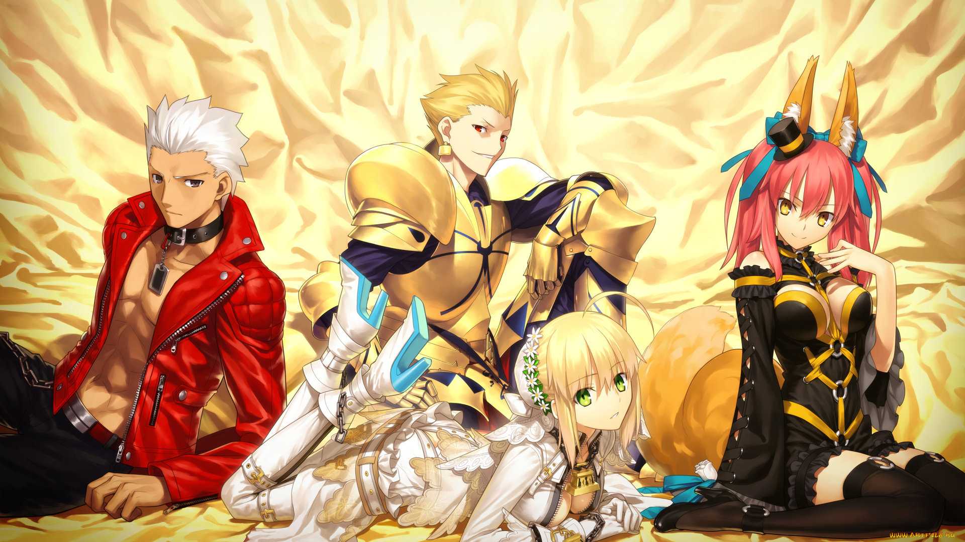 аниме, fate, stay, night, улыбка, настроение, saber, bride, ошейник, неко, caster, extra, takeuchi, takashi, art, archer, gilgamesh, парни, девушки