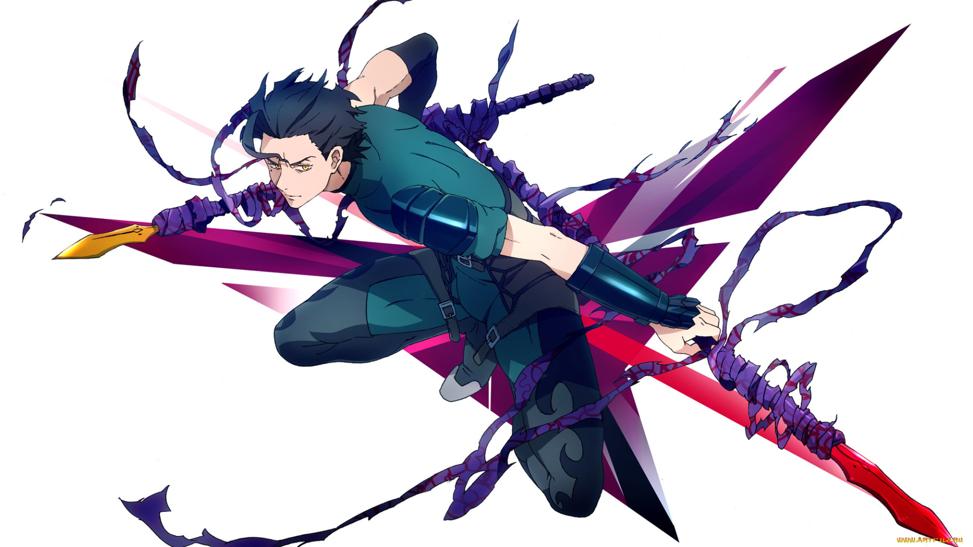 аниме, fate, zero, арт, судьба, начало, копейщик, лансер, парень, белый, фон, оружие, копьё