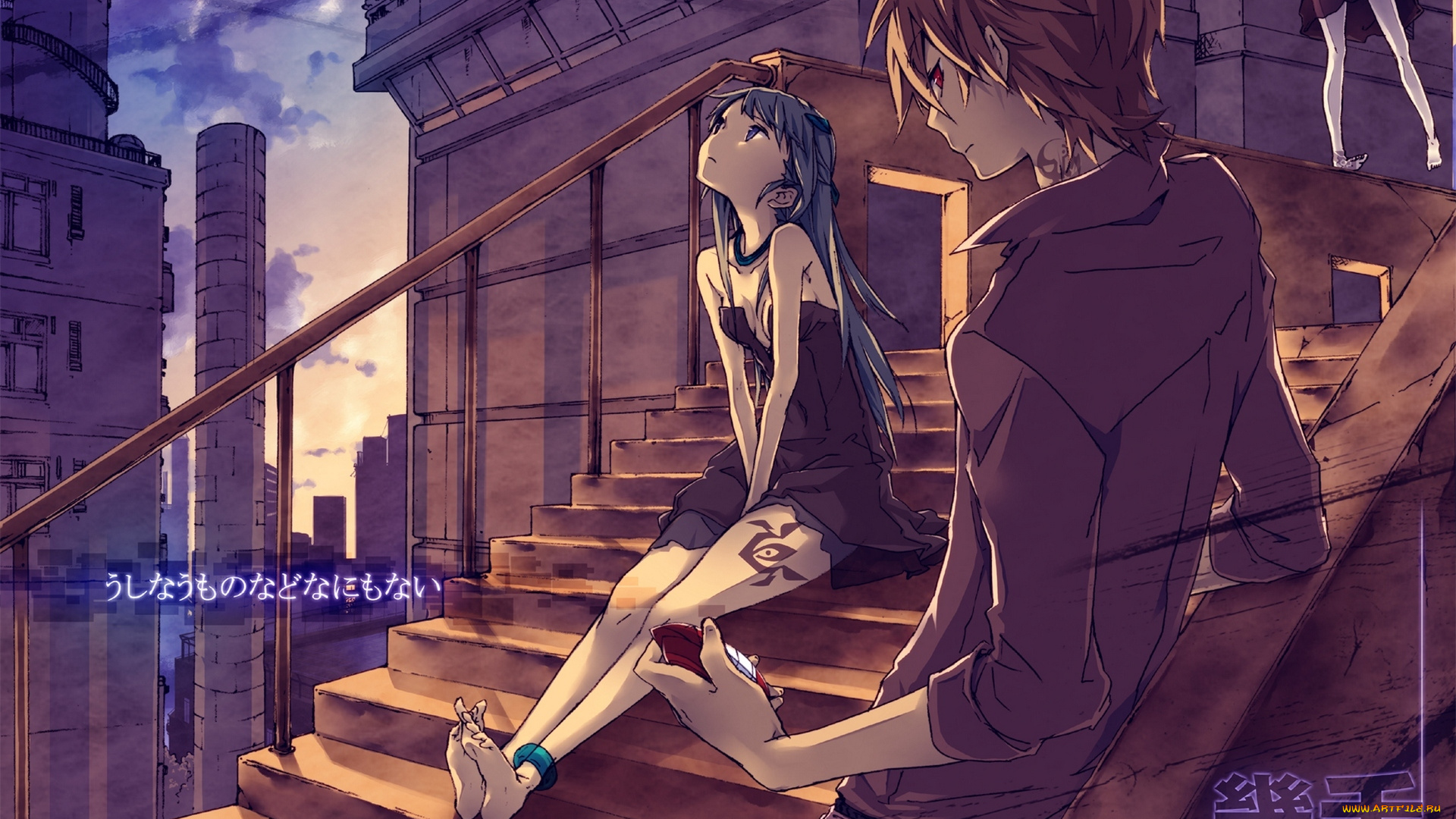 аниме, город, , улицы, , здания, арт, парень, девушка, лестница