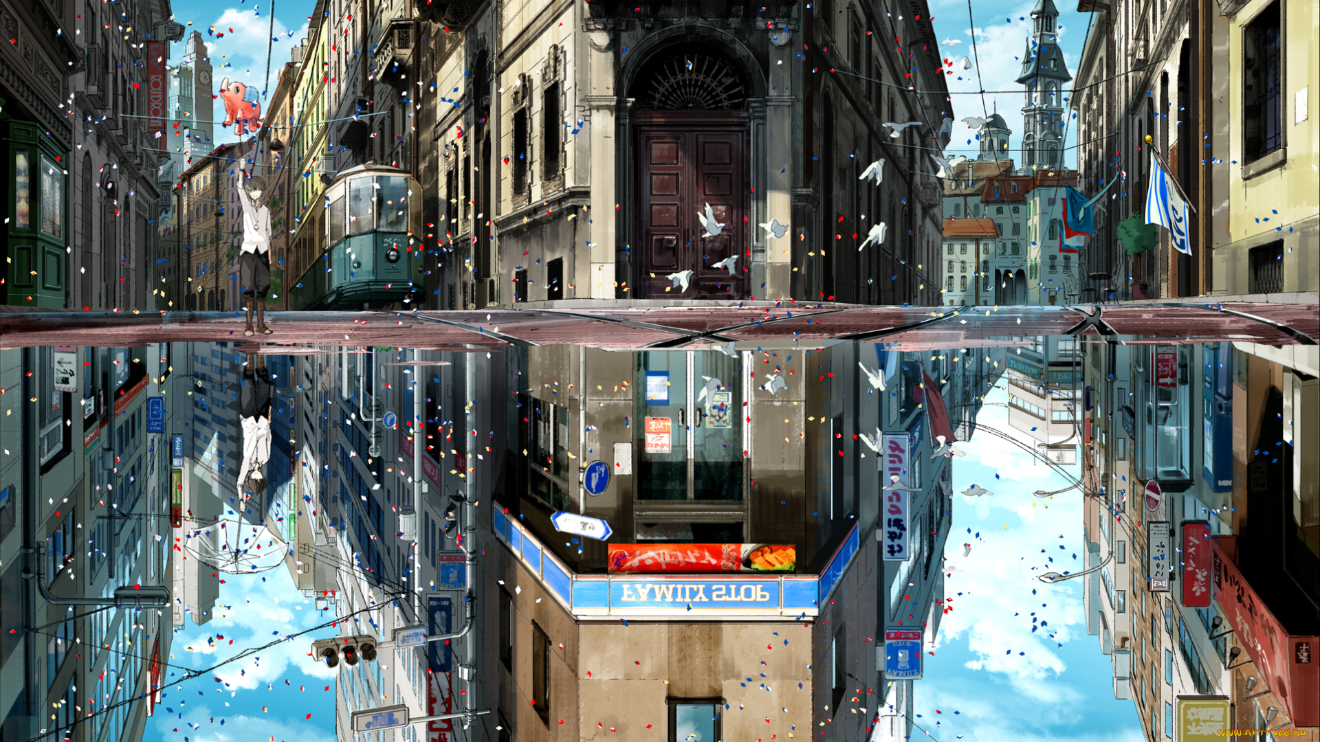 аниме, город, , улицы, , здания, отражение, зонт, флаги, праздник, дома, парень, арт, kuronokuro, облака, небо, птицы