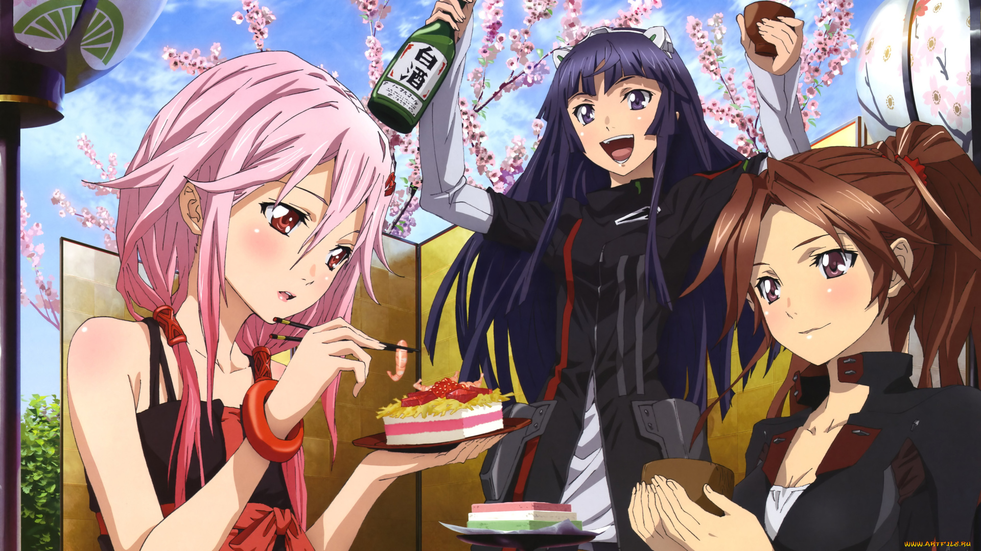 аниме, guilty, crown, guilty, crown, shinomiya, ayase, tsugumi, весна, пирожные, бутылка, yuzuriha, inori, персонажи, shinkawa, ryu