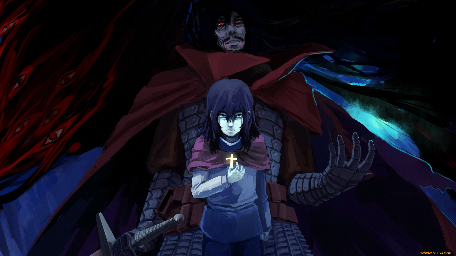 аниме, hellsing, плащ, dracula, alucard, vampire, демон, парень, мужчина, меч, крест