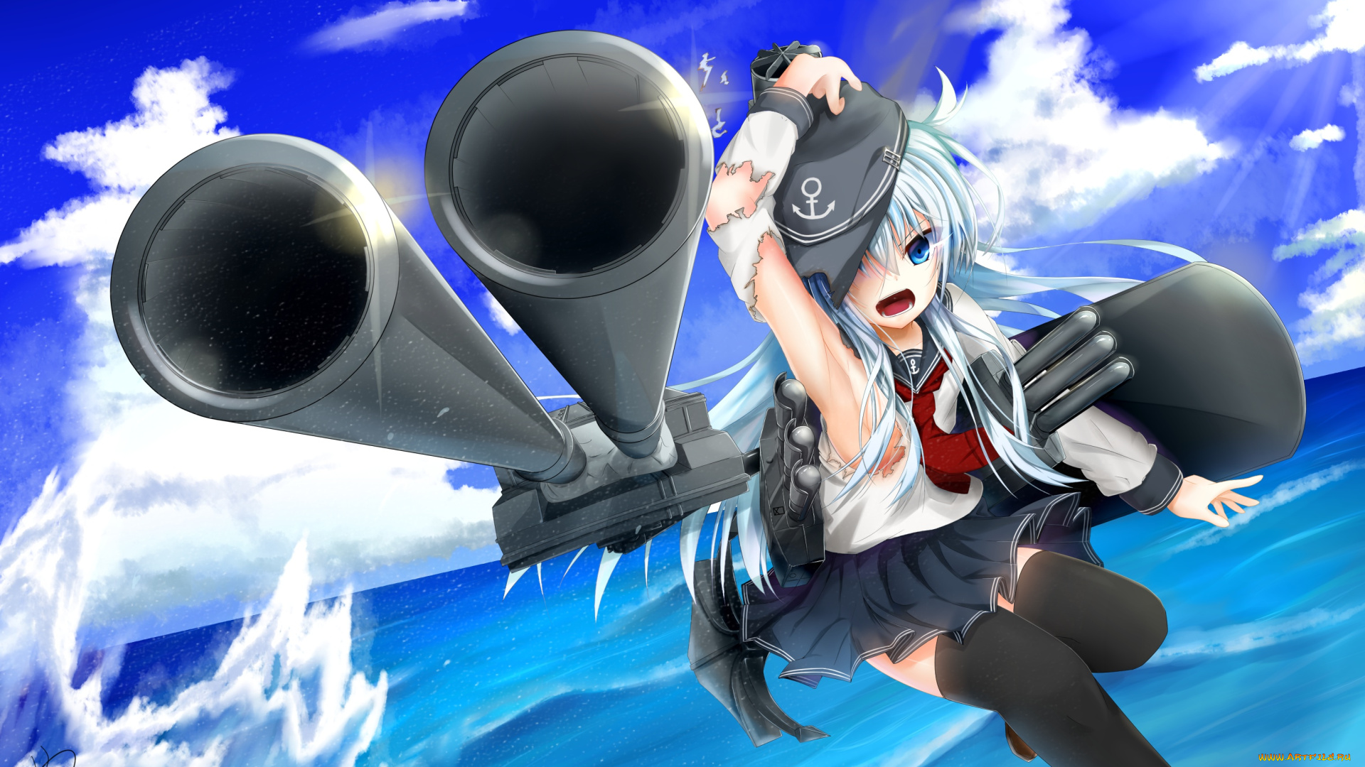 аниме, kantai, collection, дуло, оружие, арт, kantai, collection, небо, tagme, artist, hibiki, kancolle, море, девушка