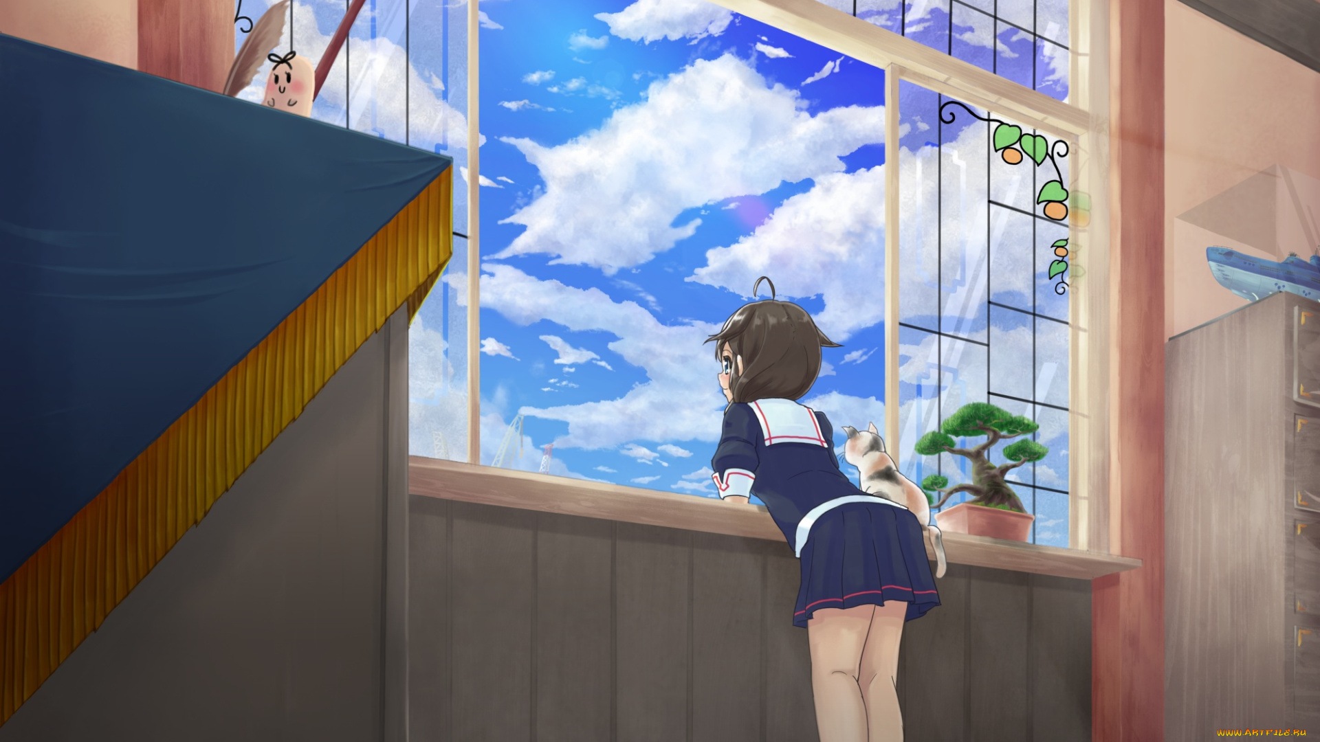 аниме, kantai, collection, небо, комната, yaesaka, окно, кошка, девочка, арт, kancolle, shigure, kantai, collection
