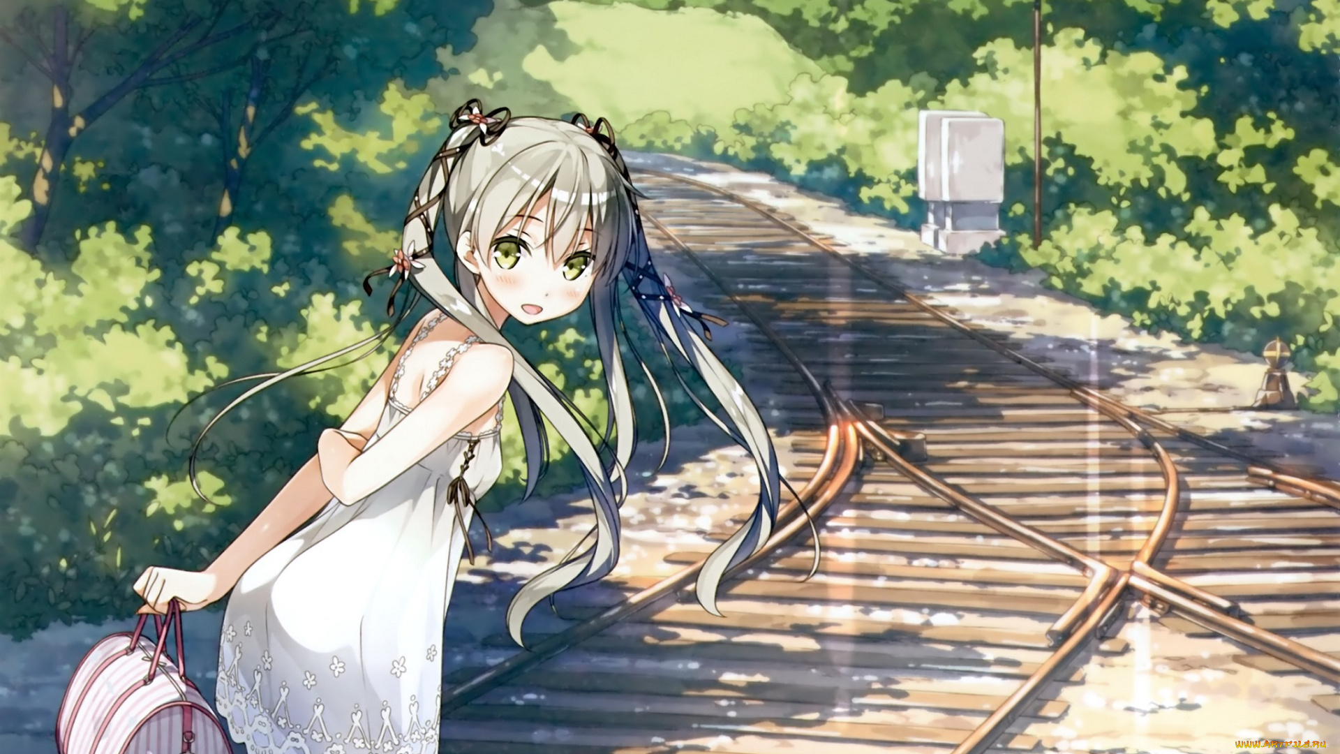 аниме, kantoku, , artbook, девочка, сумка, рельсы, взгляд, арт, kantoku