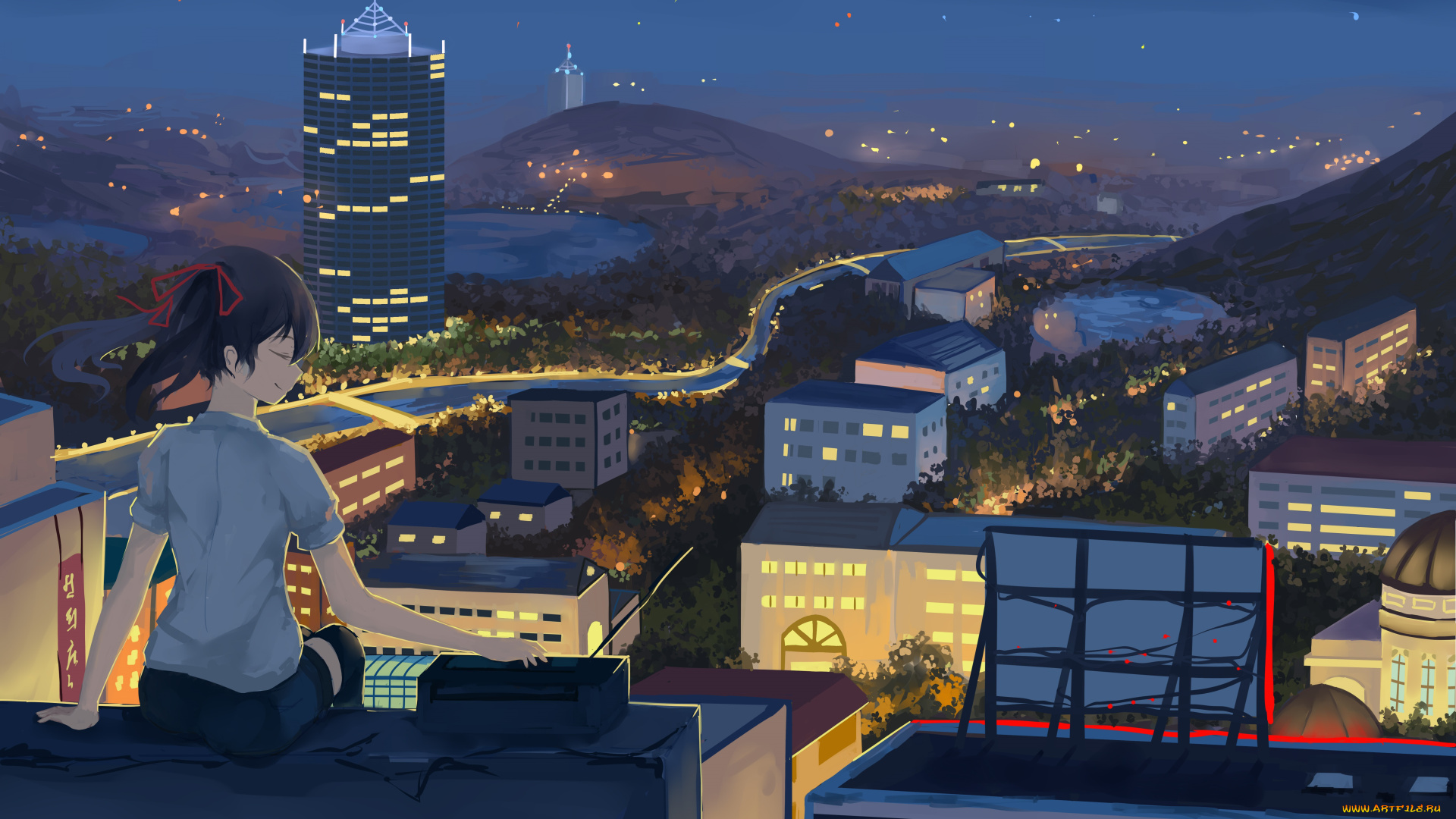 аниме, love, live, , school, idol, project, здания, yazawa, nico, love, live, school, idol, project, огни, панорама, l-l, арт, девочка, ночь, город