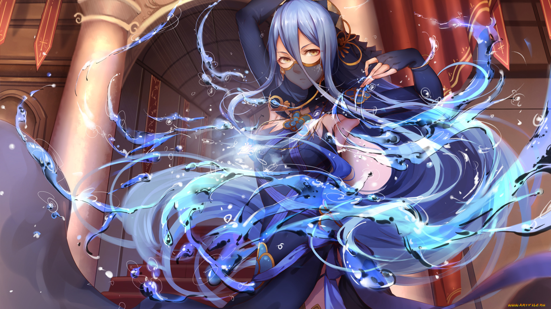 аниме, магия, , колдовство, , halloween, aqua, fire, emblem, cr, арт, девушка, маска, вода