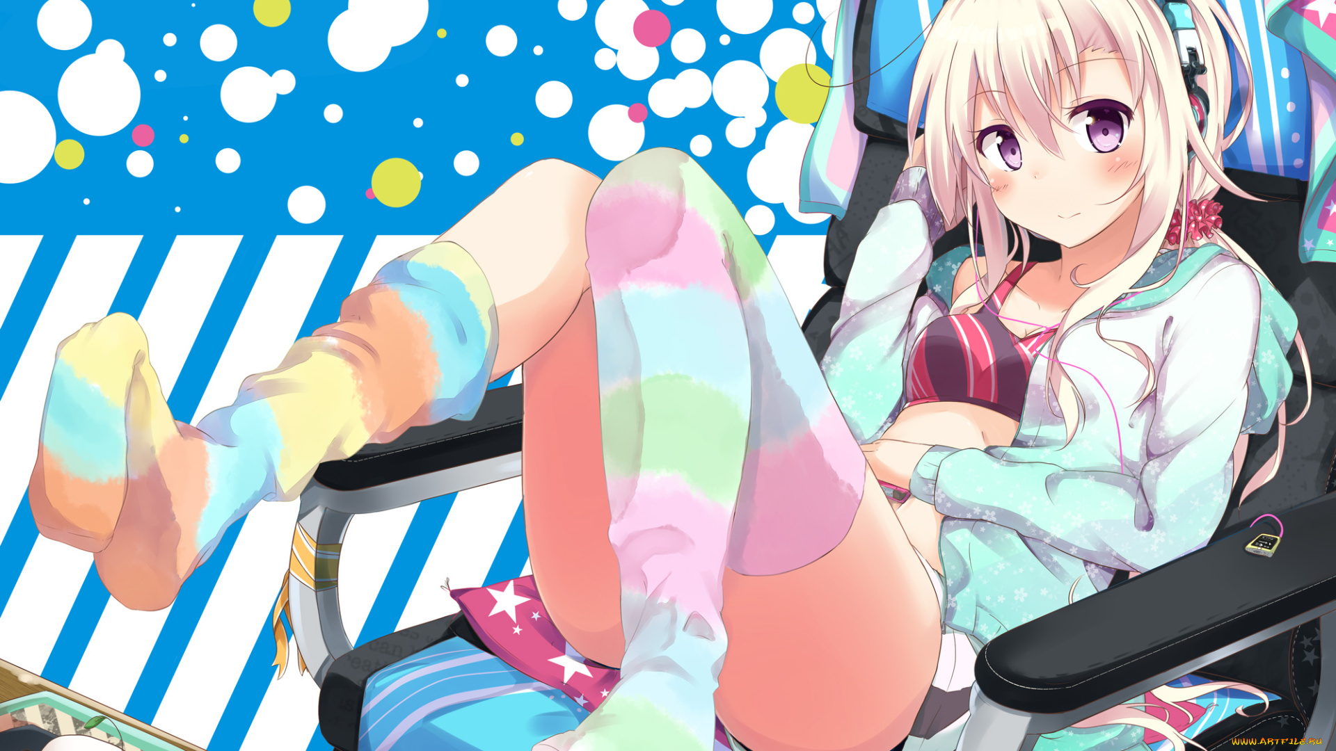 аниме, музыка, sasahara, wakaba, наушники, девушка, гольфы, арт