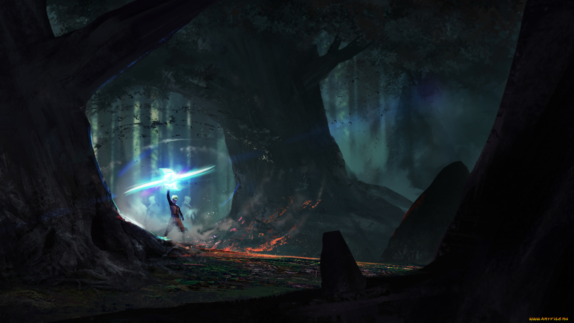 аниме, naruto, лес, расен, сюрикен, узумаки, наруто, kaos, zukai, art