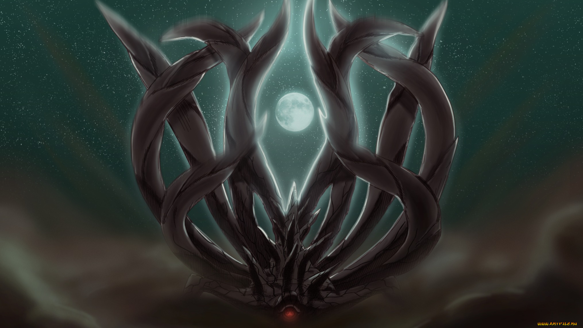 аниме, naruto, луна, ночь, rinesharingan, juubi, art