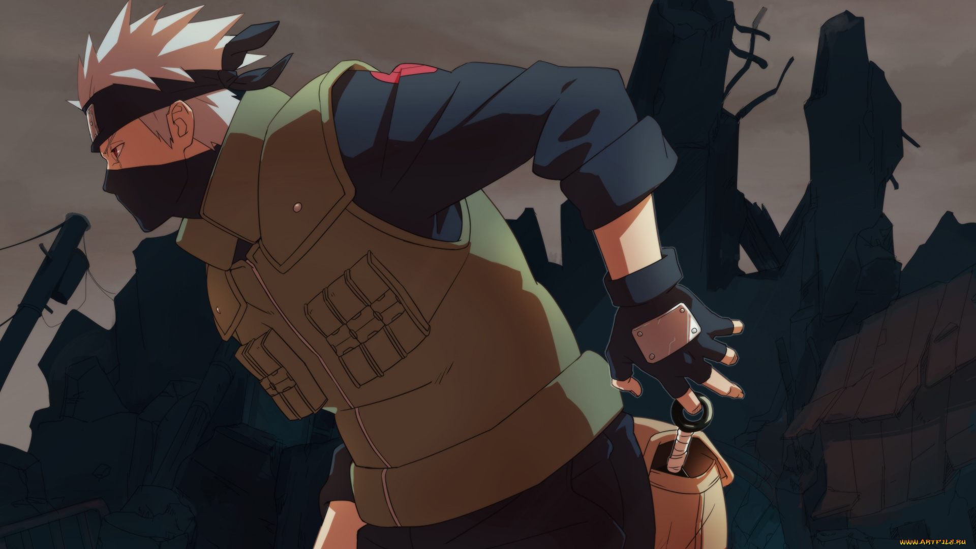 аниме, naruto, развалины, кунай, hatake, kakashi, art, touno