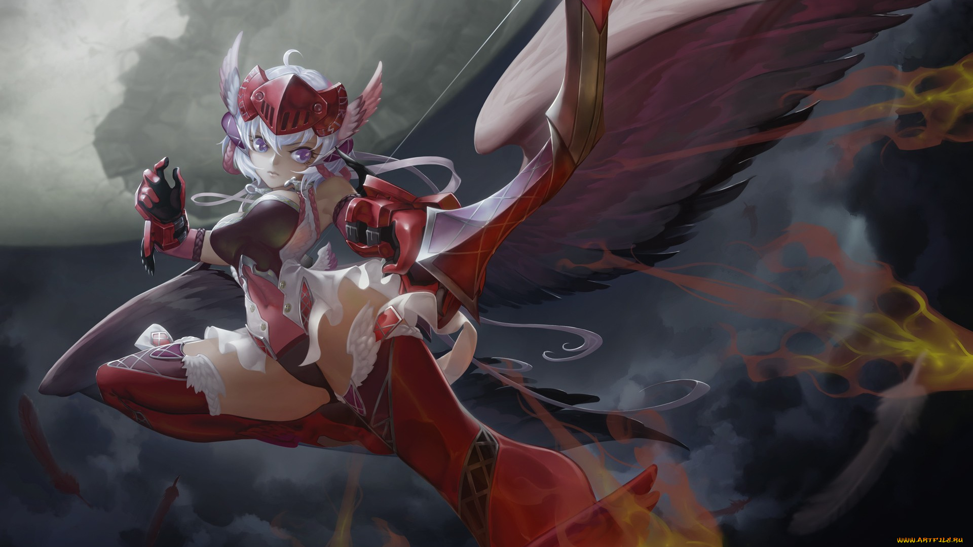 аниме, senki, zesshou, symphogear, огненные, стрелы, лук, крылья, девушка, yukine, chris, senki, zesshou, symphogear, black, light, арт