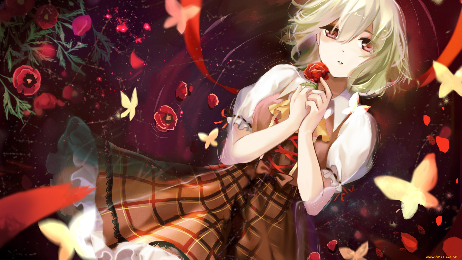 аниме, touhou, elise, piclic, цветы, вода, маки, kazami, yuuka, девочка, арт