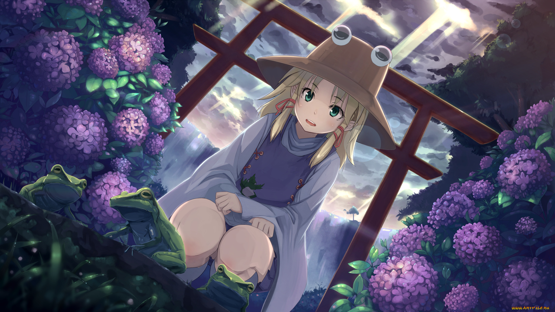аниме, touhou, гортензия, цветы, девочка, арт, лучи, пасмурно, шляпа, лягушки, тучи, buriterium, moriya, suwako