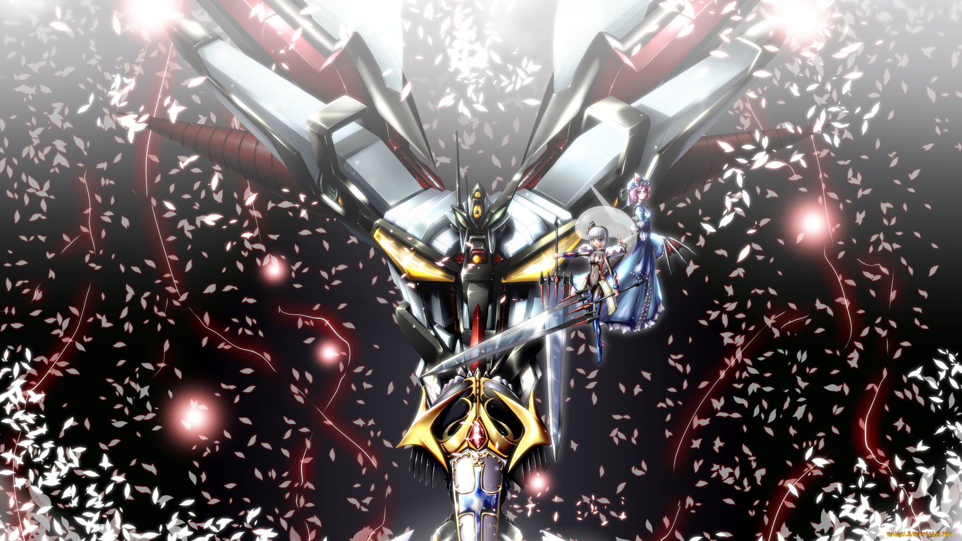 аниме, touhou, saigyouji, yuyuko, konpaku, youmu, super, robot, wars, арт, меха, мечи, оружие, огоньки, робот, лепестки, девушки