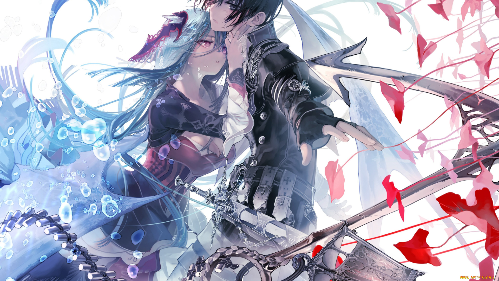 аниме, unknown, , другое, aikawa, kanami, lastiara, whoseyards, ukai, saki, якорь, isekai, meikyuu, no, saishinbu, wo, mezasou, фонарь, девушка, парень, листья, вода, арт