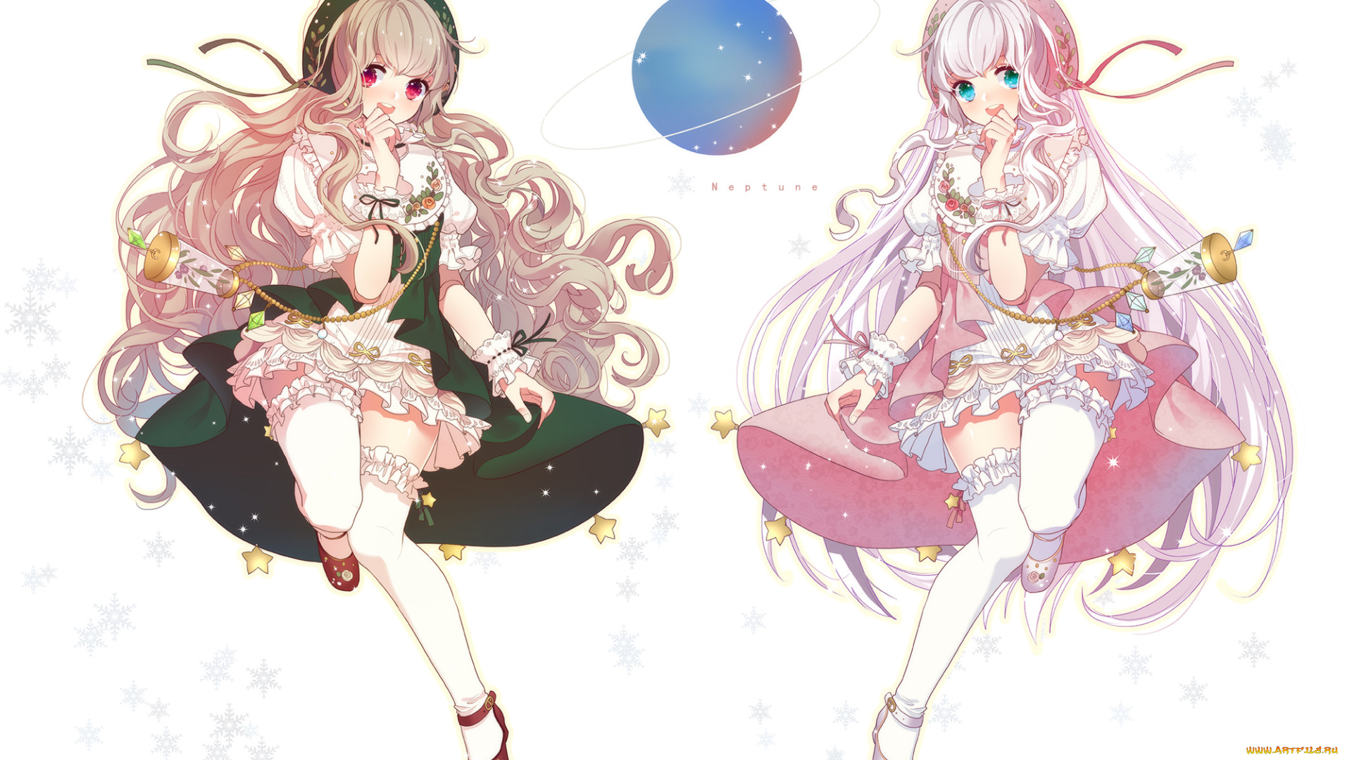 аниме, unknown, , другое, белый, фон, планета, шляпки, платья, miemia, арт, девочки