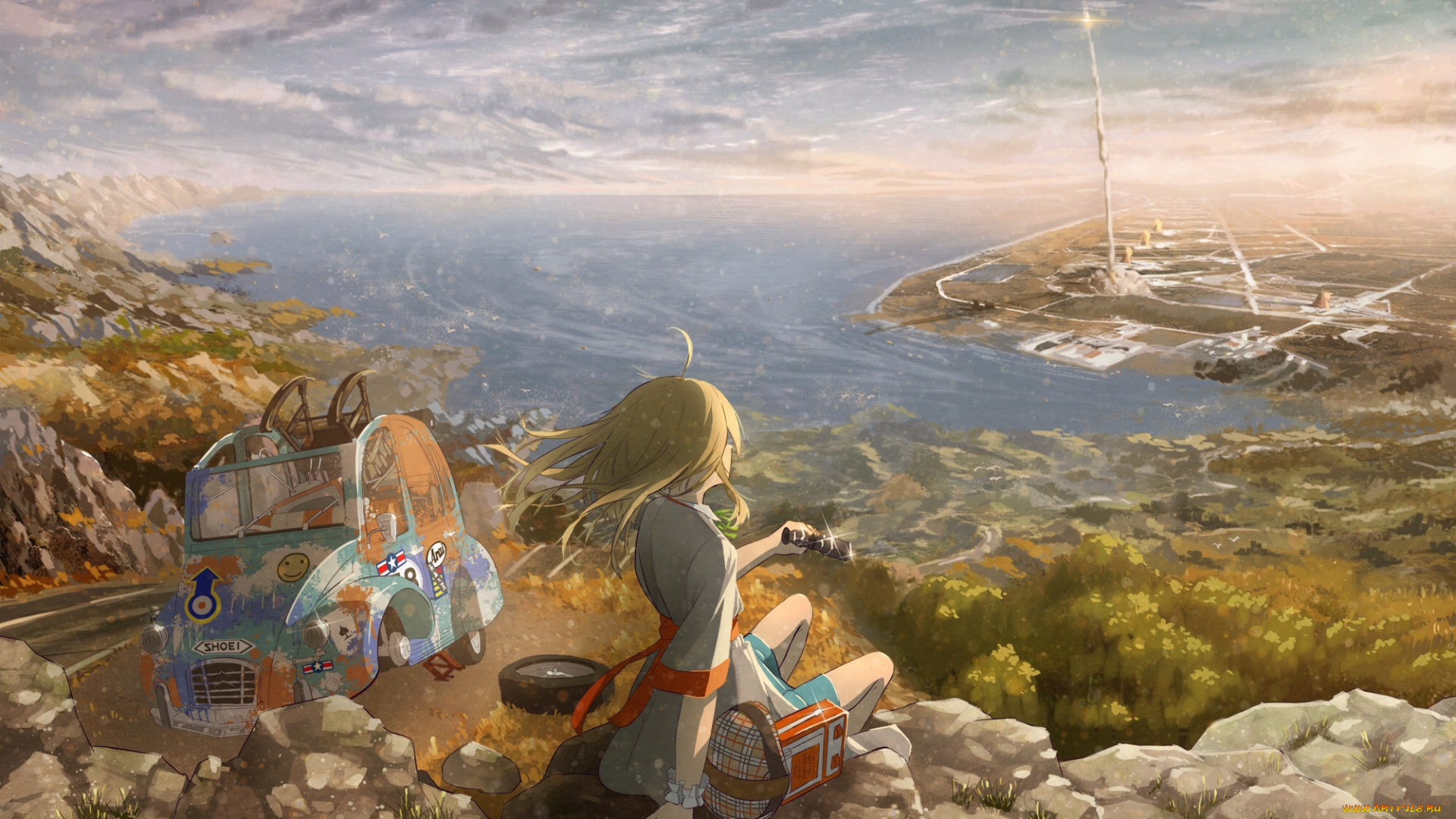 аниме, unknown, , другое, машина, море, пейзаж, девушка, арт, hatsuga, dmaigmai