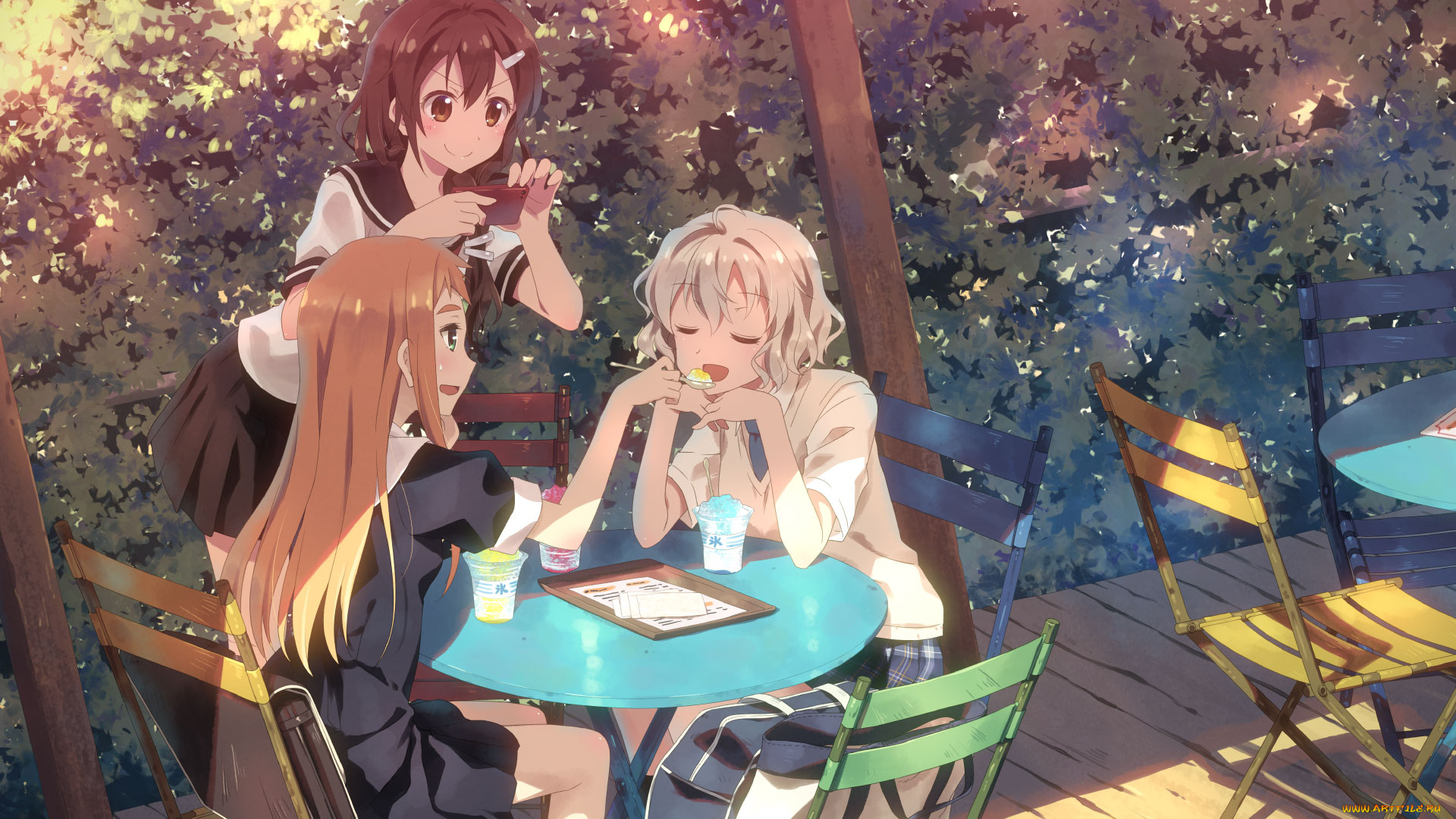 аниме, unknown, , другое, мороженое, телефон, девушки, кафе, арт, yuuki, tatsuya