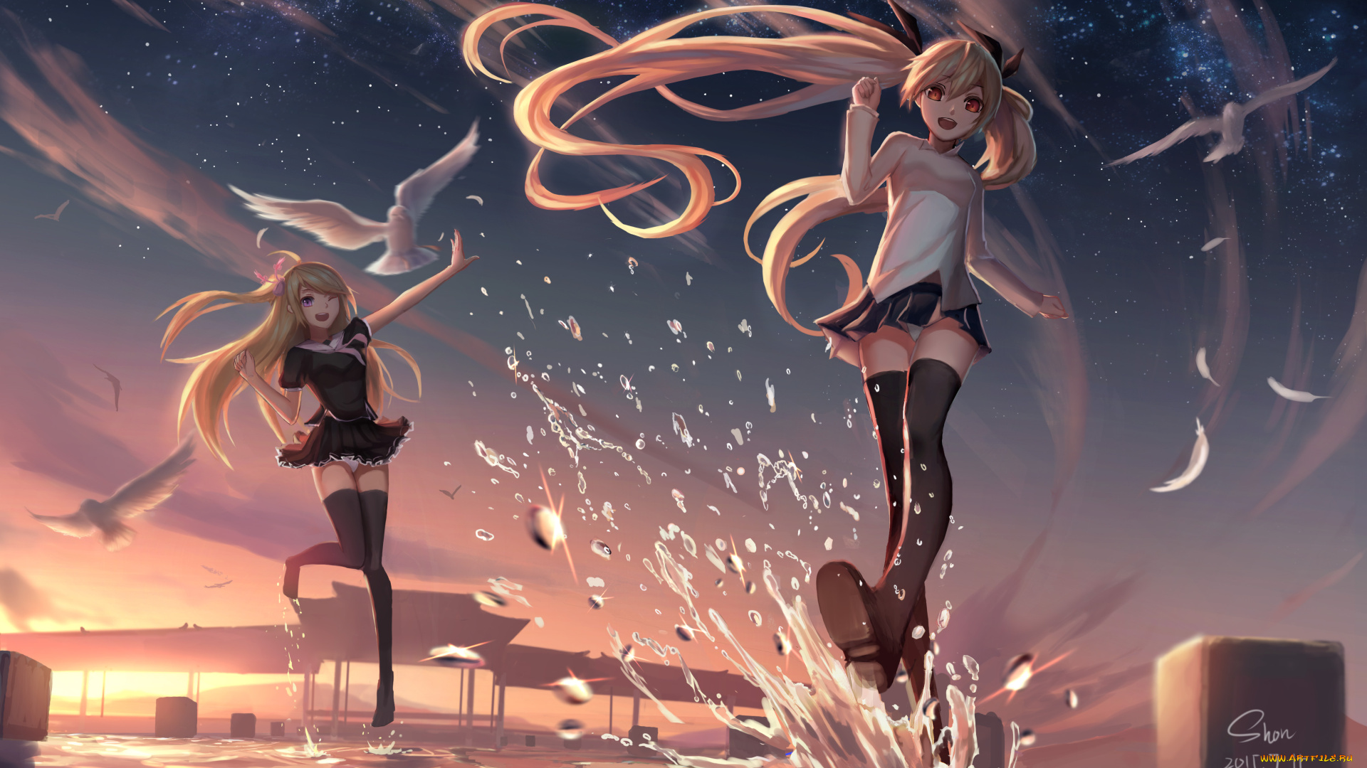 аниме, unknown, , другое, shon, небо, закат, птица, голубь, брызги, вода, девушки, арт