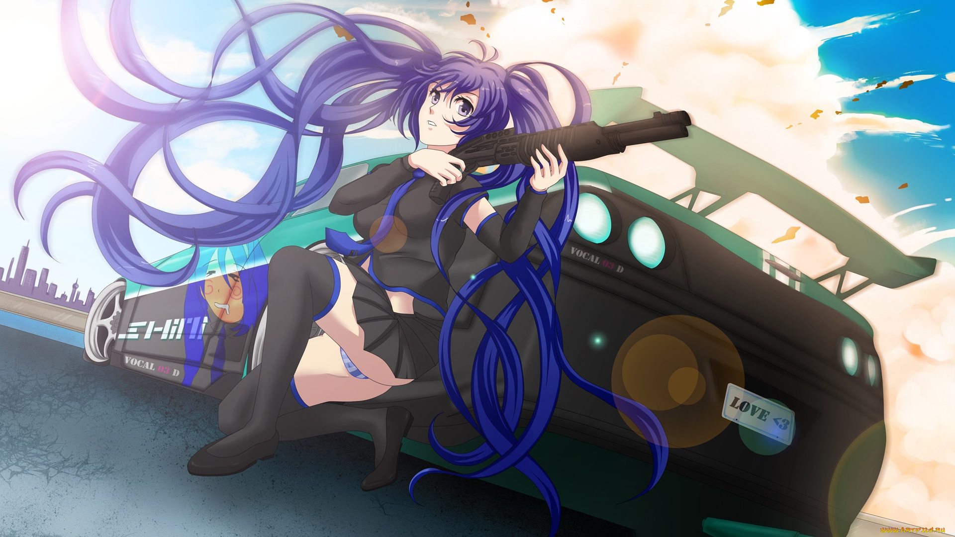 аниме, vocaloid, автомобиль, оружие, фон, взгляд, девушка