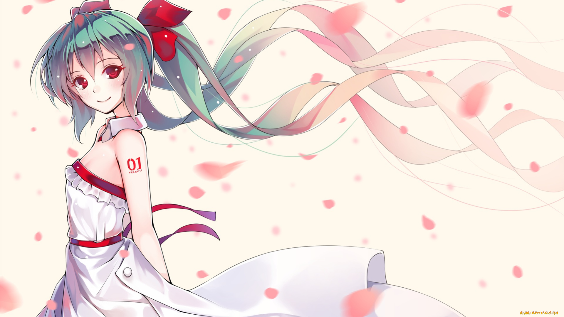 аниме, vocaloid, hatsune, miku, veilrain, арт, девушка, лепестки