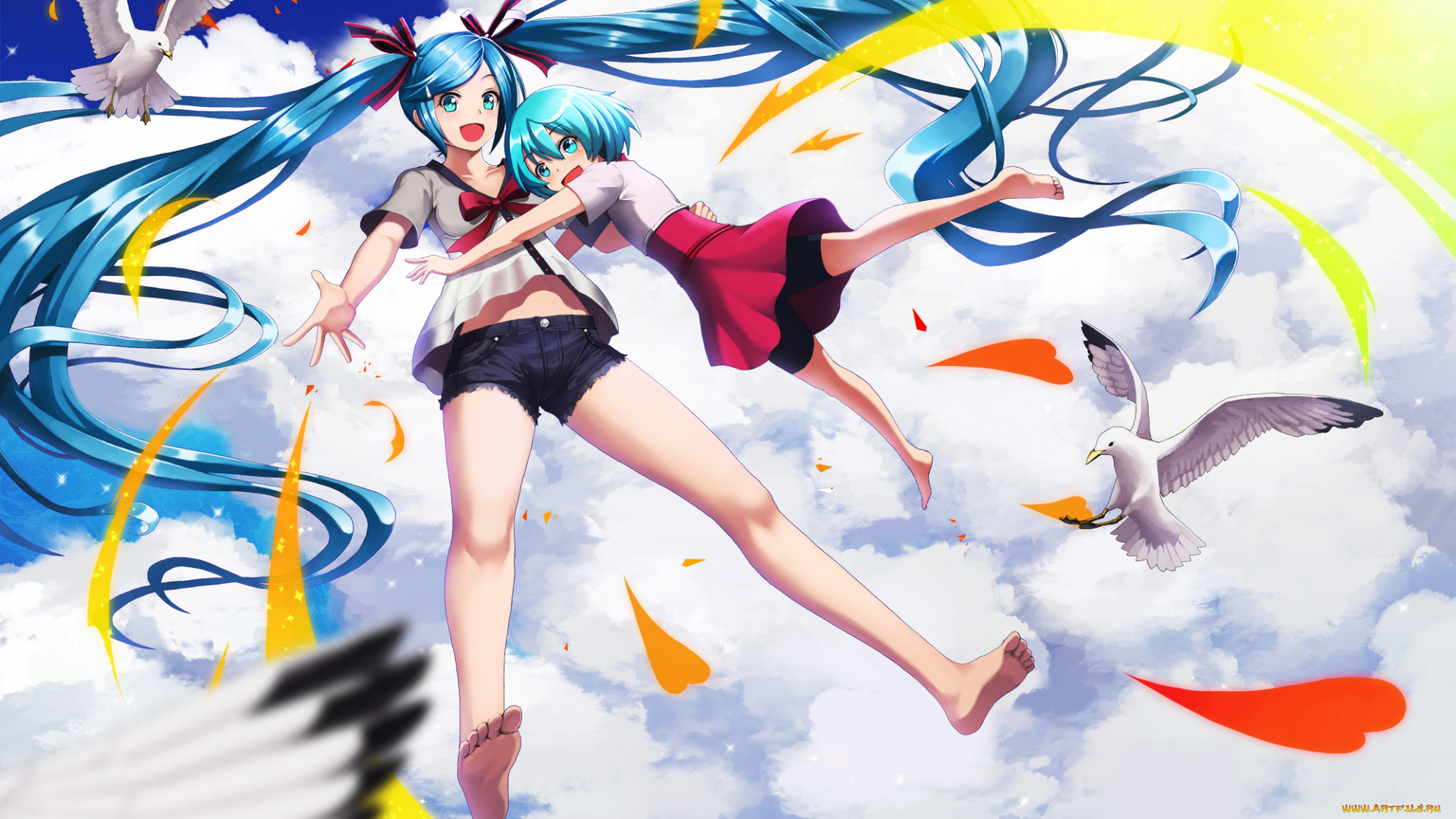 аниме, vocaloid, птицы, арт, девочки, чайки, defiaz, infinity, небо, hatsune, miku