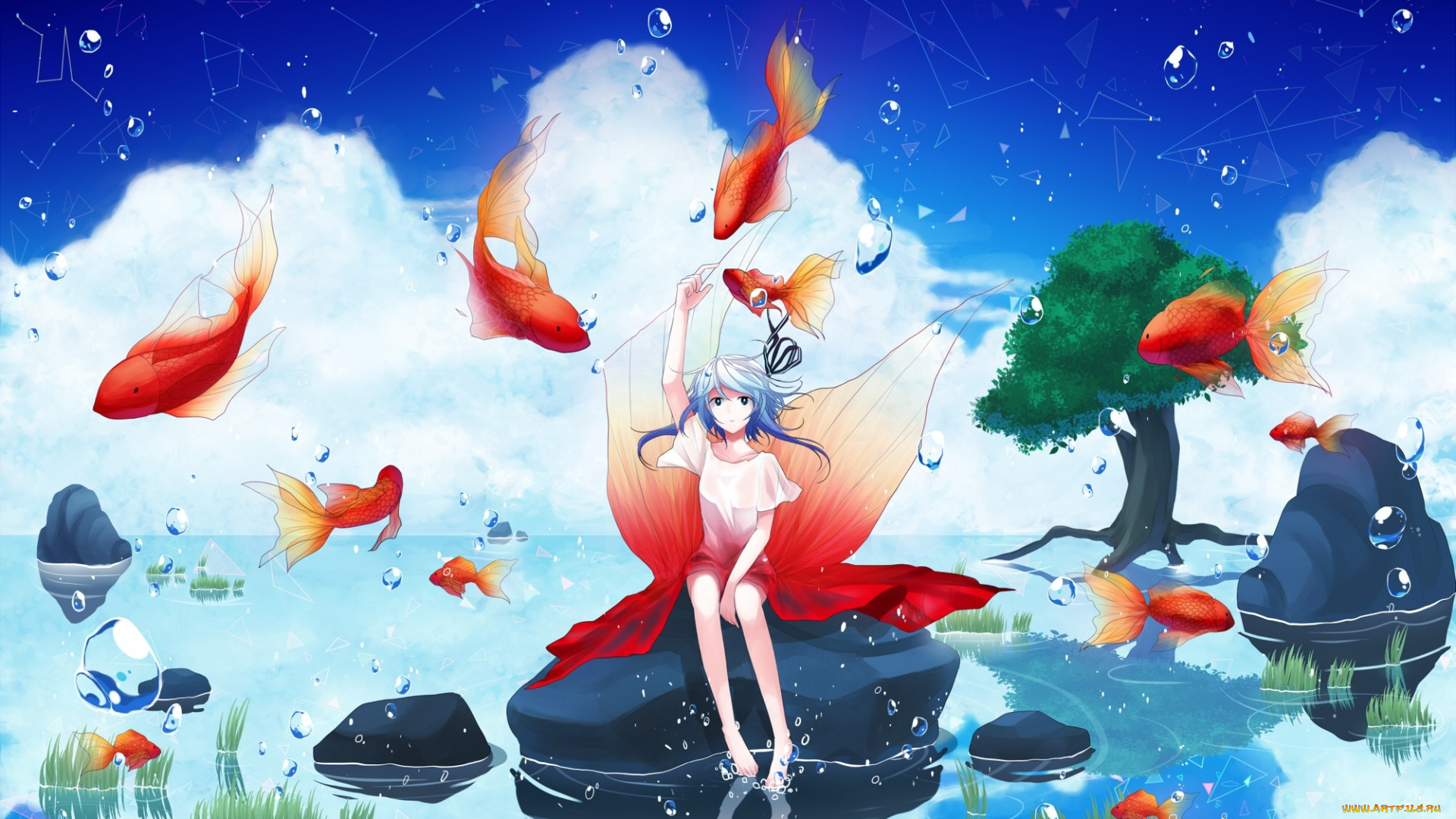 аниме, животные, , существа, дерево, камни, вода, рыбы, платье, девушка, sean, pcsbella, art