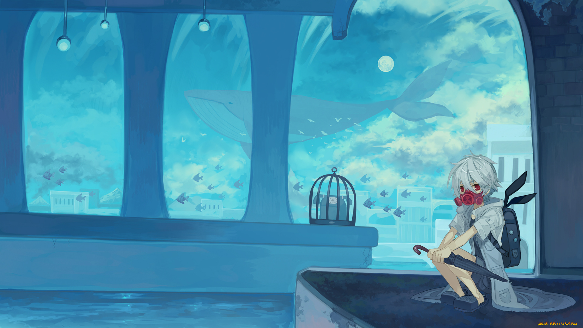 аниме, животные, , существа, мальчик, арт, miwasiba, рыбы, кит, аквариум, альбинос, зонт