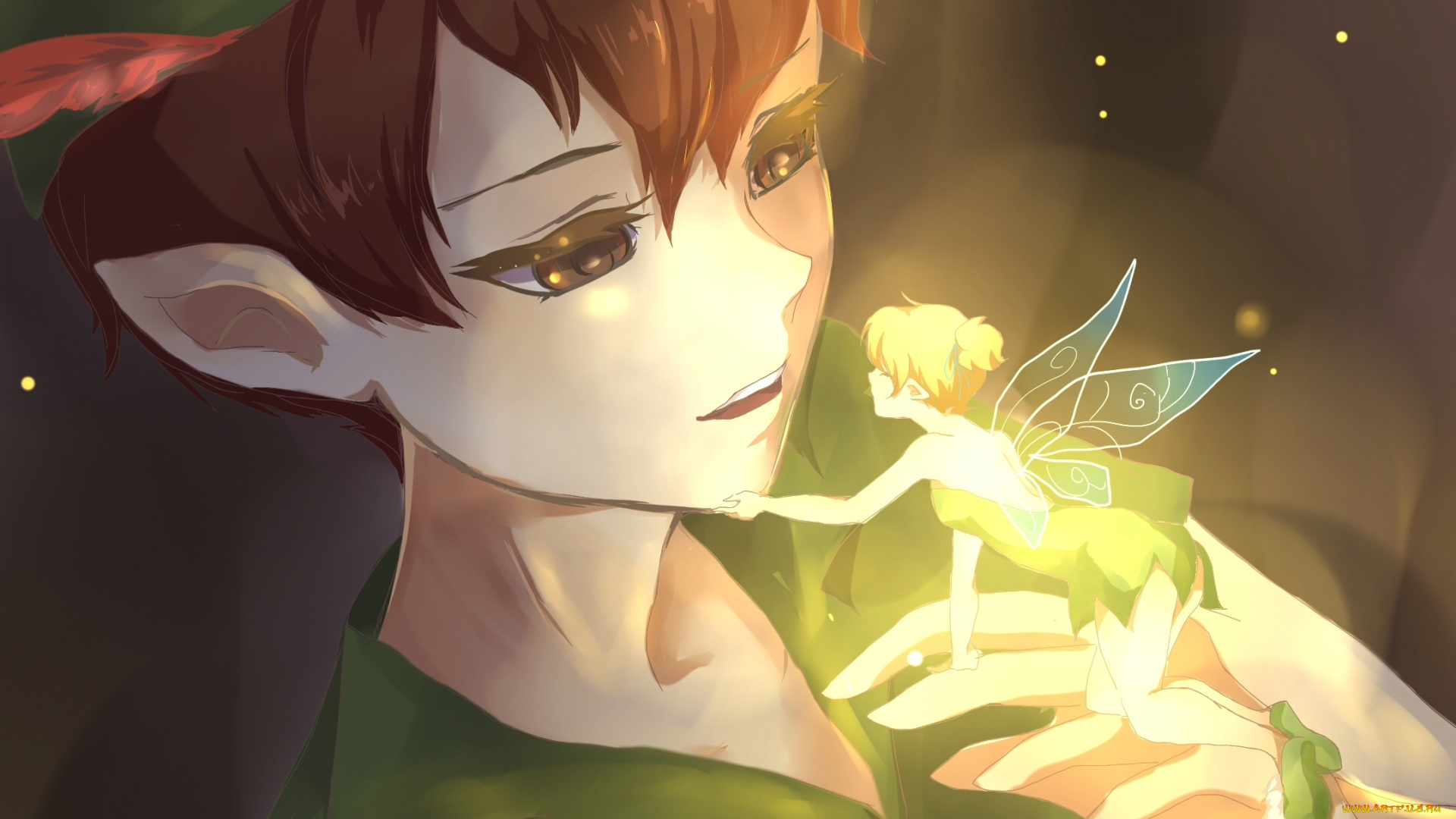 аниме, животные, , существа, misamisa, светлячки, tinkerbell, арт, крылья, фея, парень, peter, pan