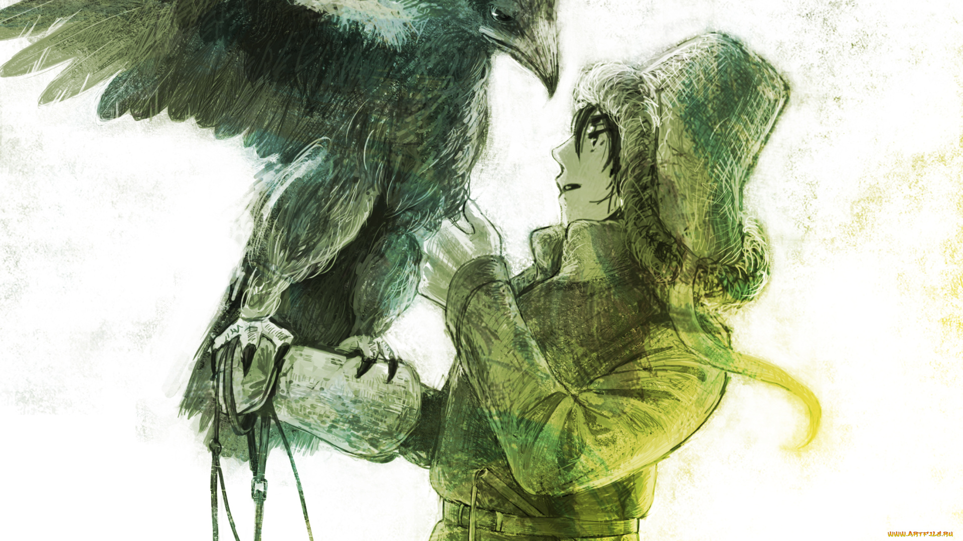 аниме, животные, , существа, tomi, арт, сокол, пальто, шапка, птица, парень