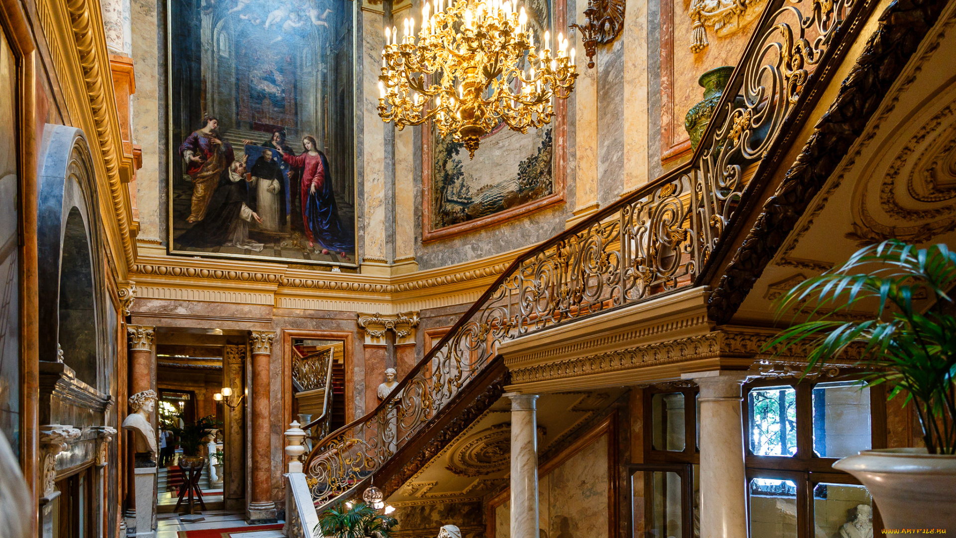 интерьер, дворцы, , музеи, колонна, люстра, лестница, испания, мадрид, музей, серральбо, картина