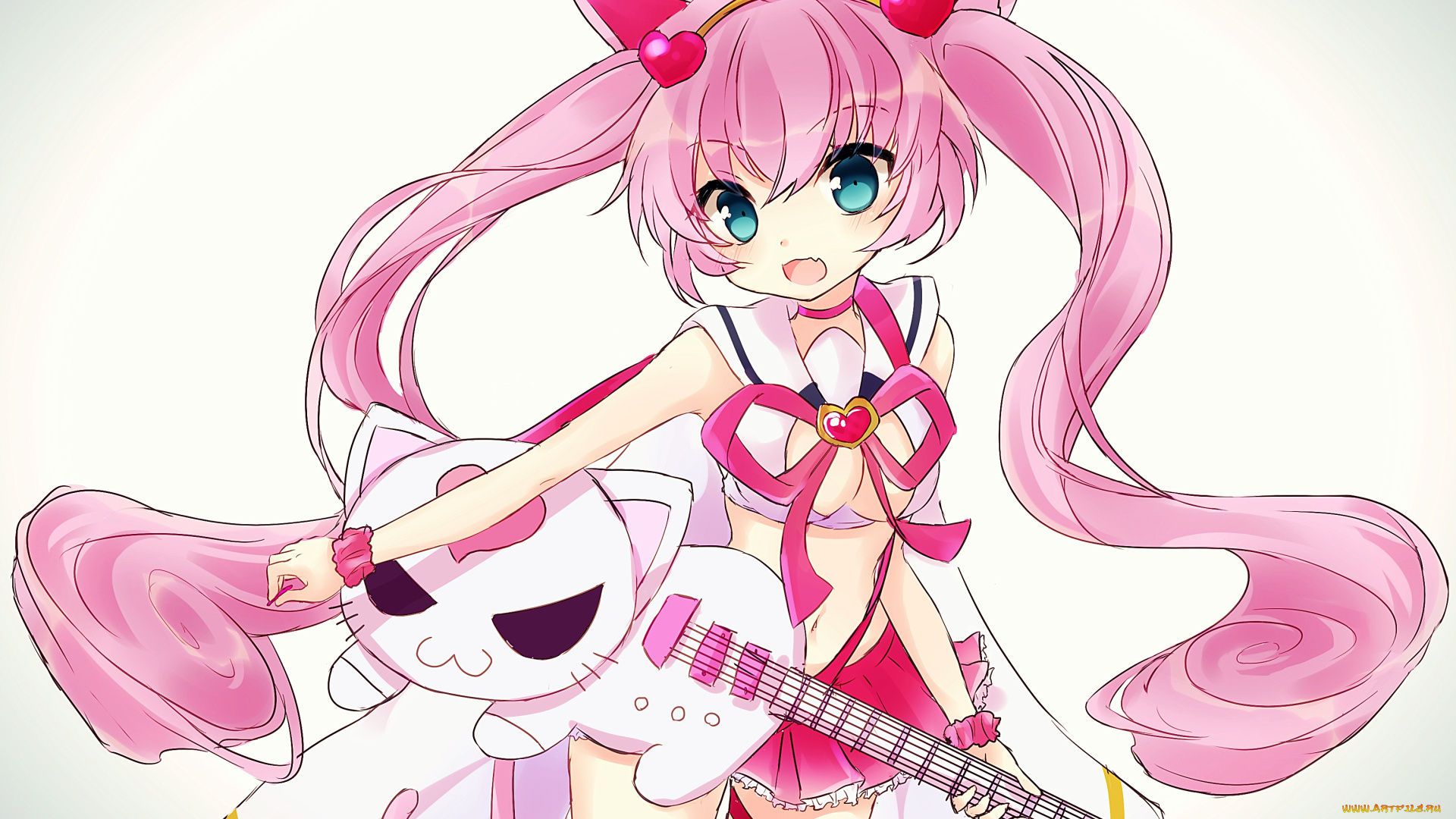 show, by, rock, аниме, музыка, гитара, белый, фон, девочка, сердечки, кошка, арт, mareta, mochi, show, by, rock