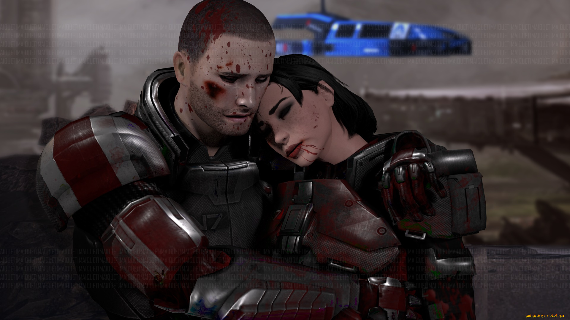 видео, игры, mass, effect, девушка, взгляд, фон, мужчина, кровь