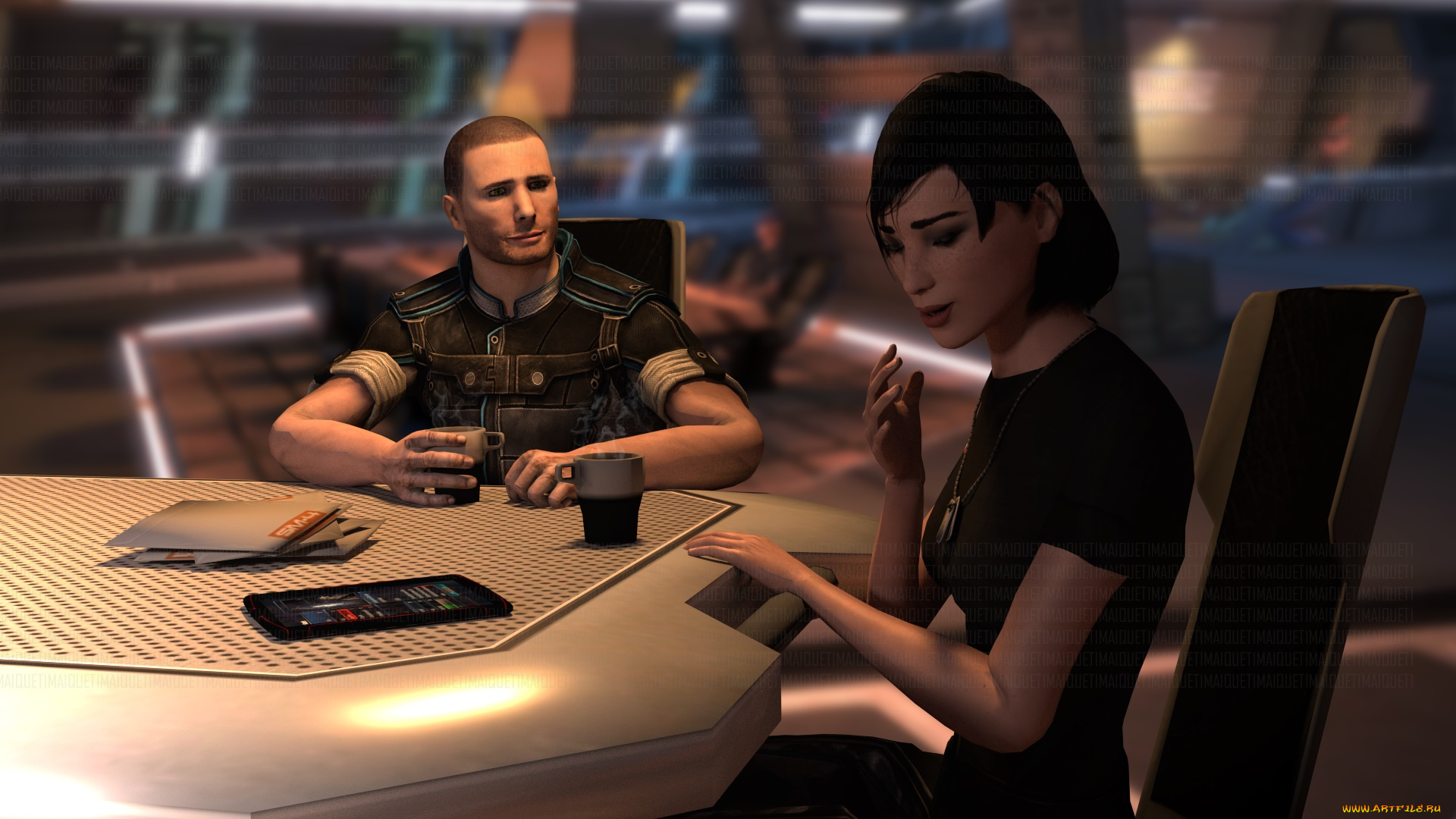 видео, игры, mass, effect, девушка, взгляд, фон, мужчина, стол