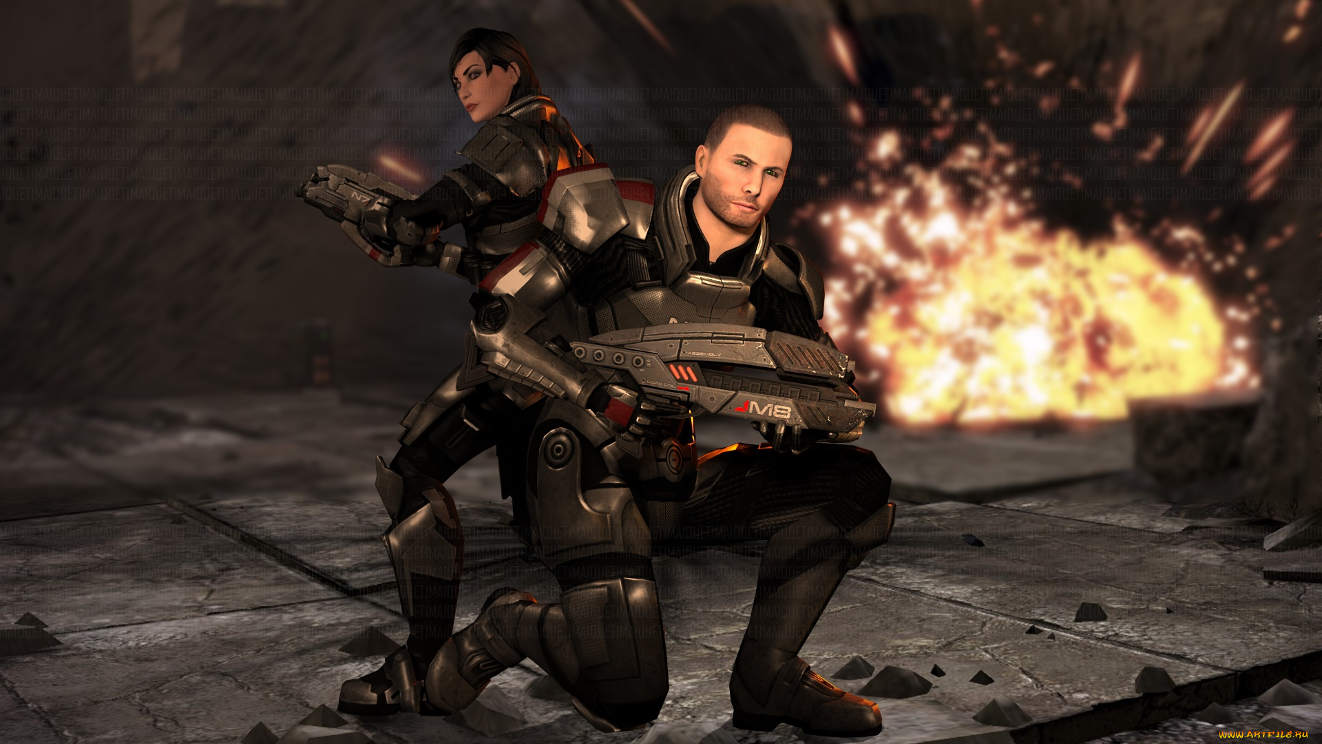 видео, игры, mass, effect, девушка, взгляд, фон, оружие, мужчина, взрыв