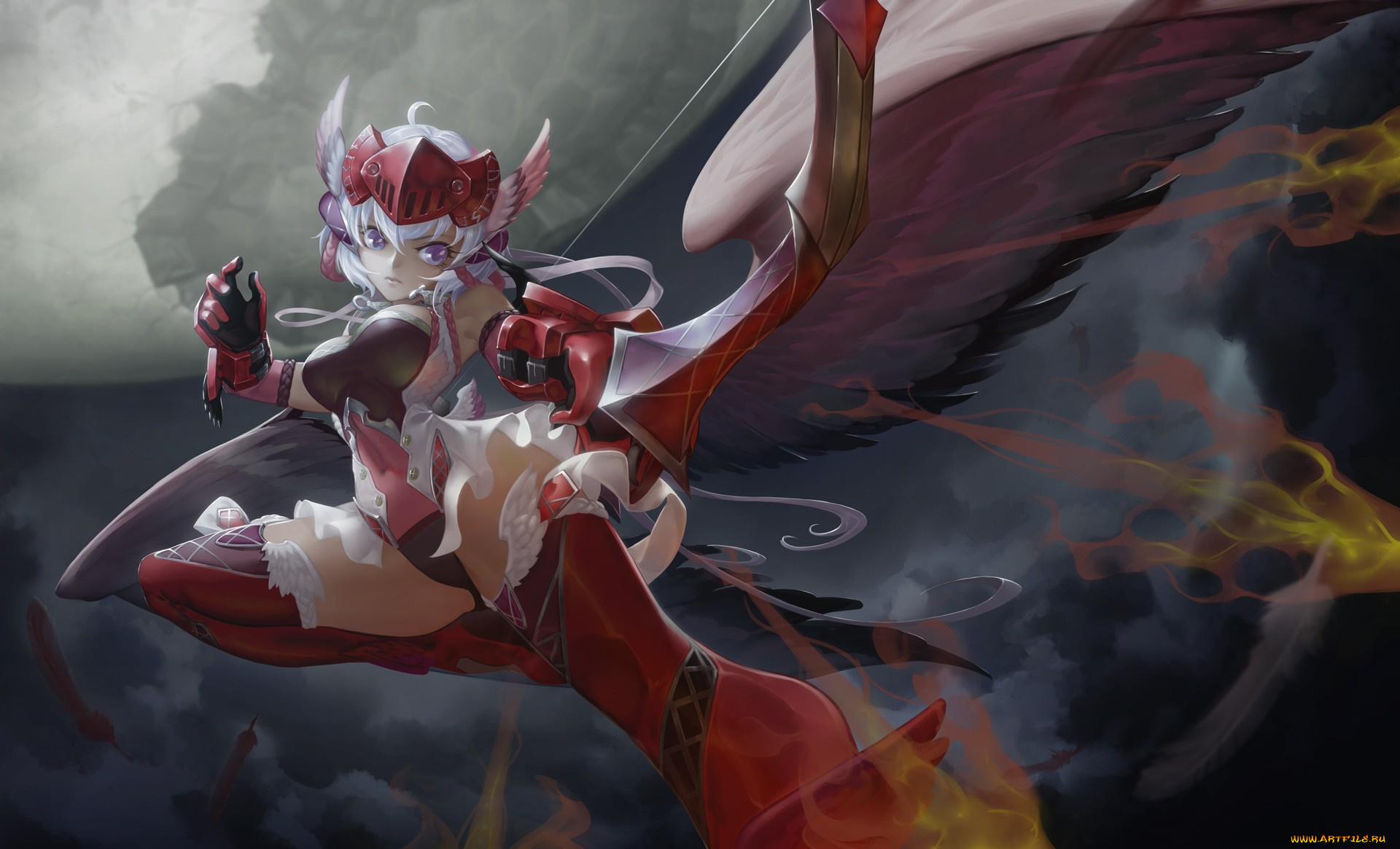 аниме, senki, zesshou, symphogear, огненные, стрелы, лук, крылья, девушка, yukine, chris, senki, zesshou, symphogear, black, light, арт