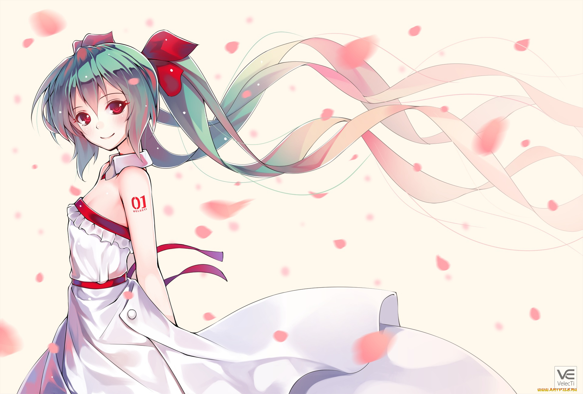 аниме, vocaloid, hatsune, miku, veilrain, арт, девушка, лепестки