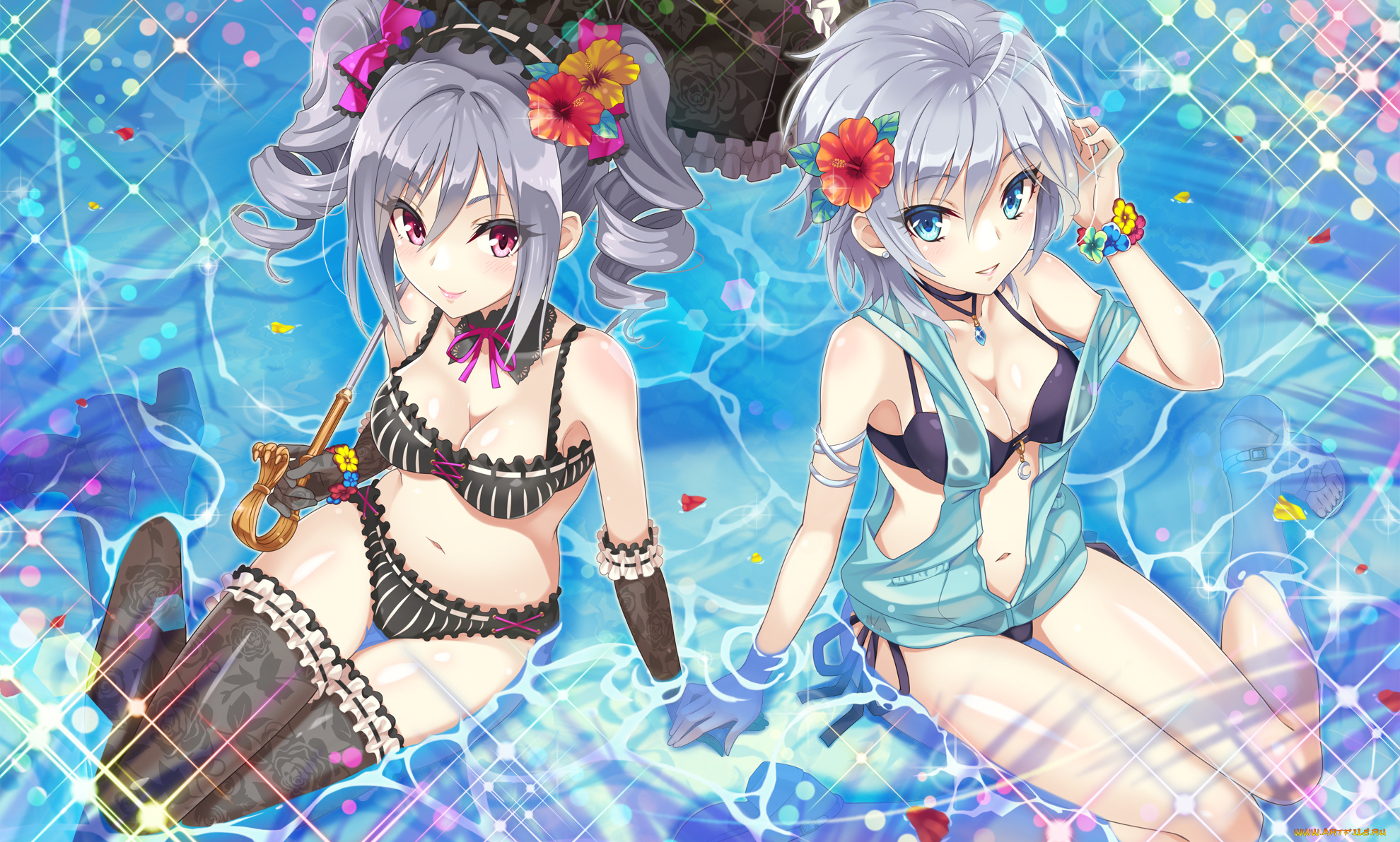 аниме, idolm@ster, девушки, арт, цветы, urabi, tomatohouse, anastasia, зонт, вода, kanzaki, ranko, idolmaster