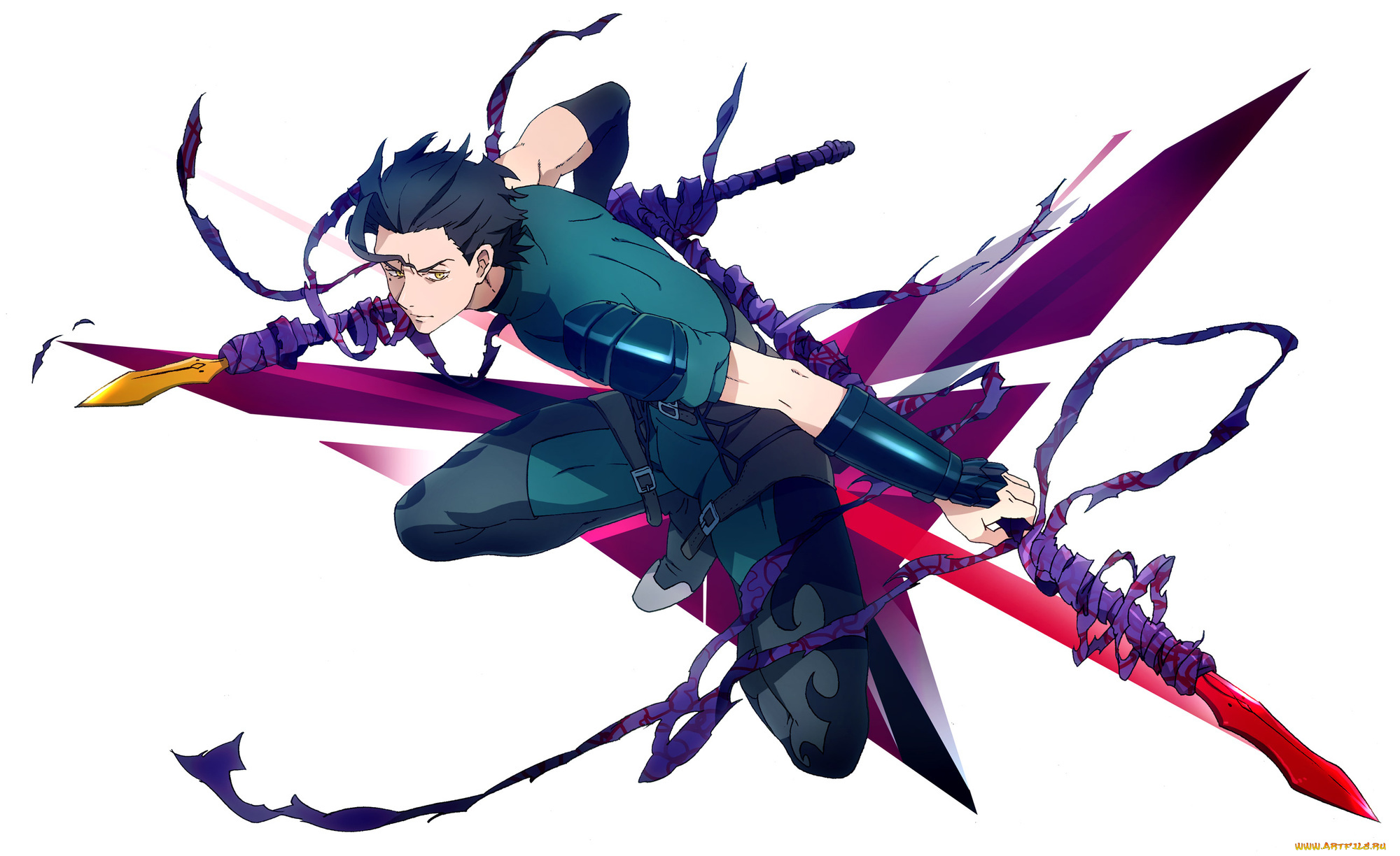 аниме, fate, zero, арт, судьба, начало, копейщик, лансер, парень, белый, фон, оружие, копьё