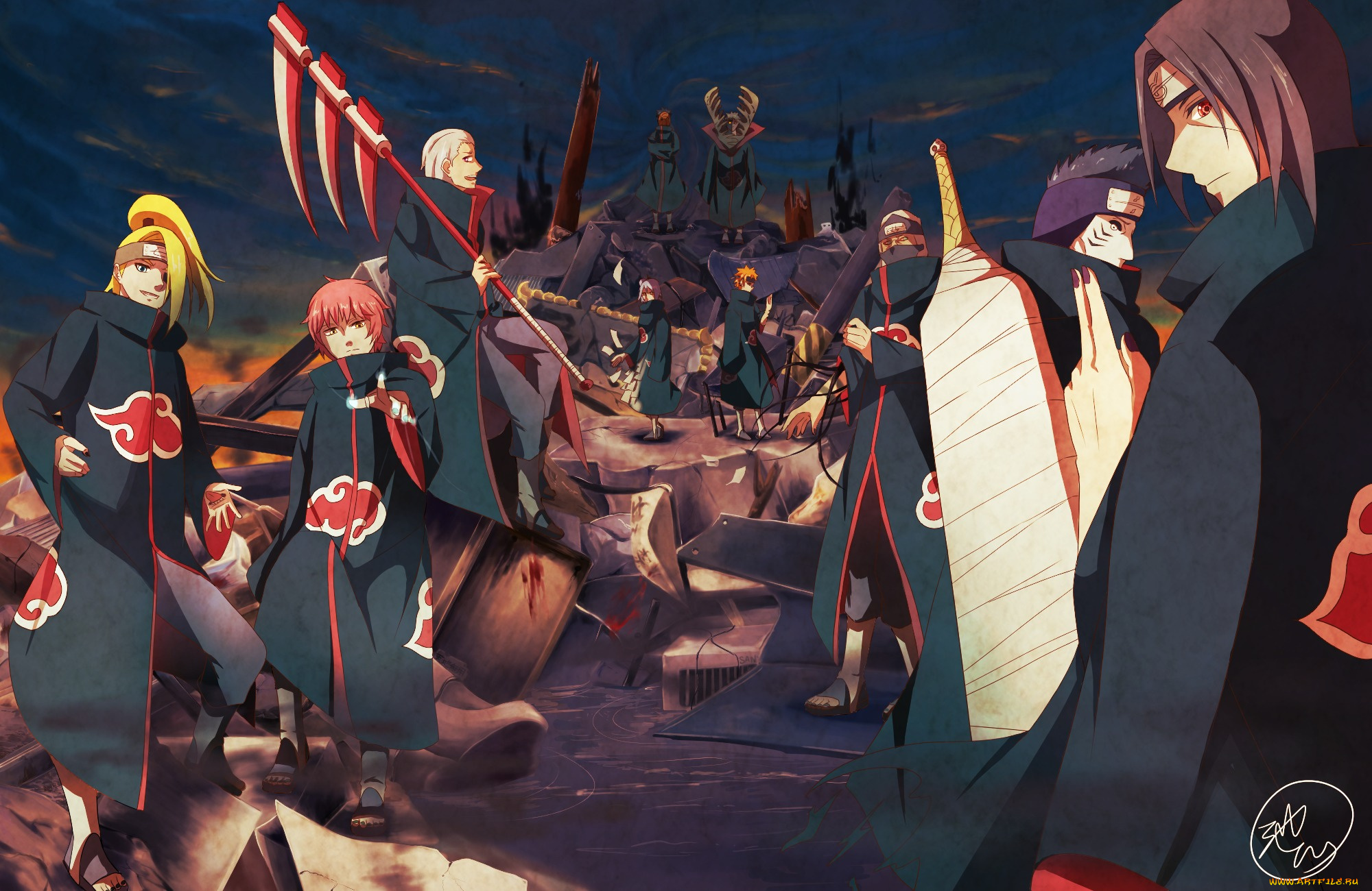 аниме, naruto, itachi, kakuzo, kisame, zetsu, hidan, tobi, sasori, pain, deidara, akatsuki, konan, art